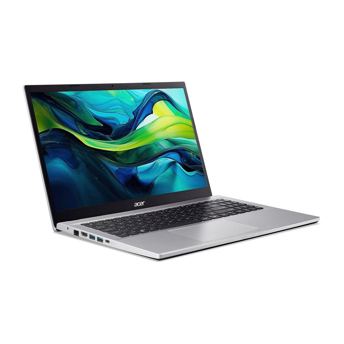 Ein silberner Acer-Laptop mit offenem Bildschirm zeigt ein blau-grünes Wellenmuster vor weißem Hintergrund.