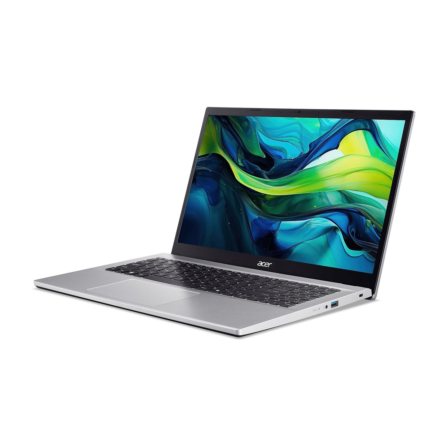Ein silberner Acer-Laptop mit offenem Bildschirm zeigt ein blau-grünes abstraktes Hintergrundbild auf weißem Grund.