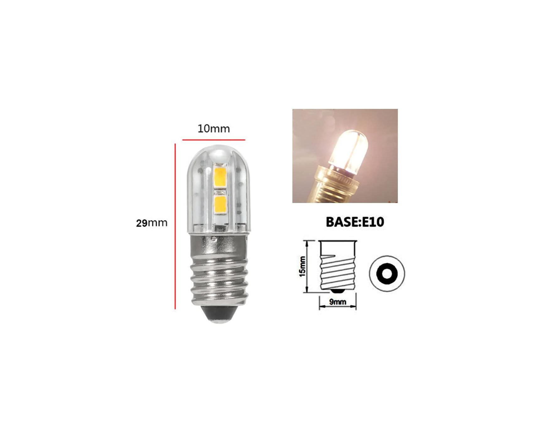Technische Zeichnung und Foto einer kleinen E10-LED-Lampe mit 29 mm Höhe, 10 mm Breite und beleuchtetem Zustand.