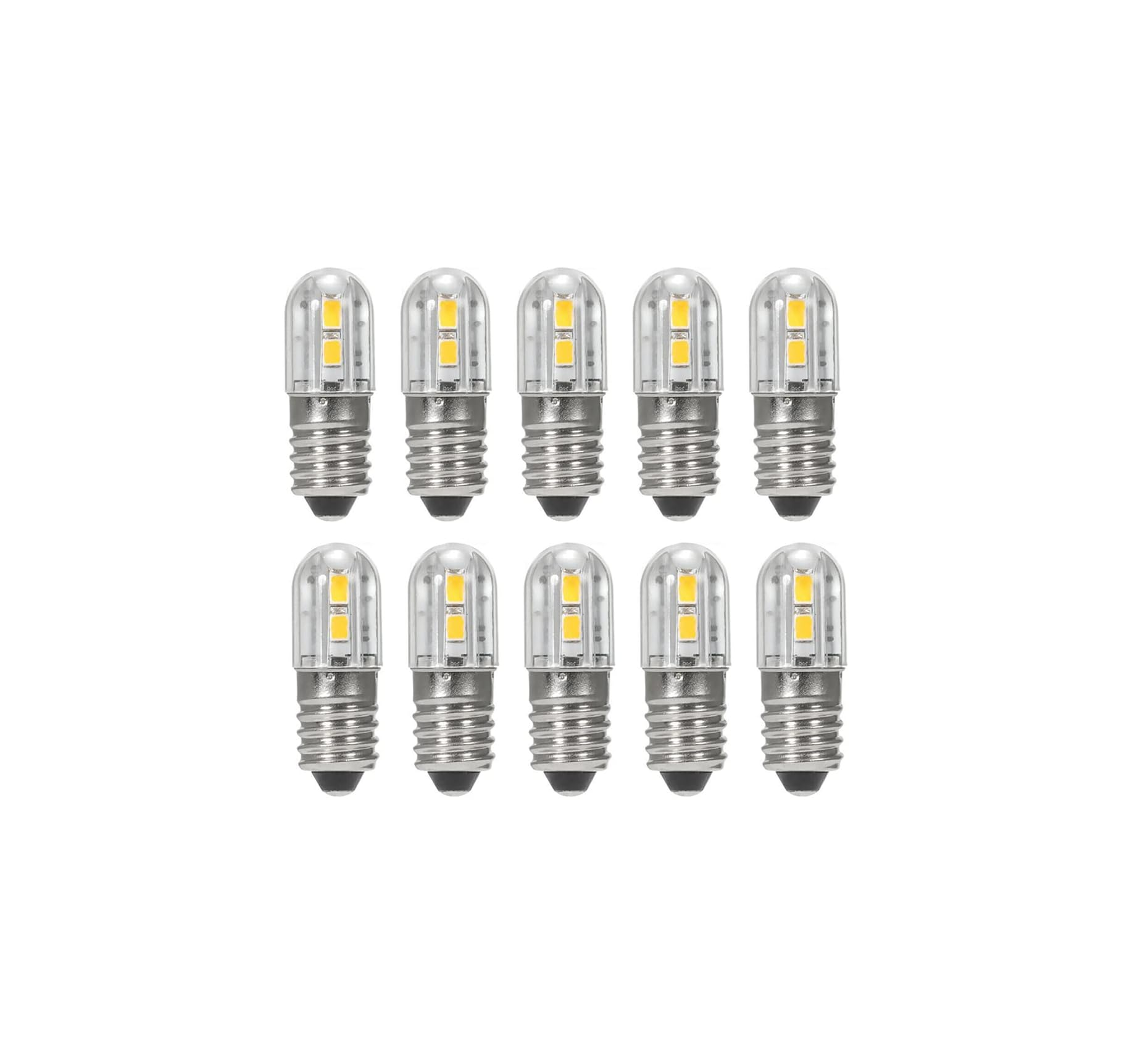 Zehn kleine, zylindrische LED-Lampen mit E14-Gewinde und durchsichtigen Kappen sind in zwei Reihen angeordnet.