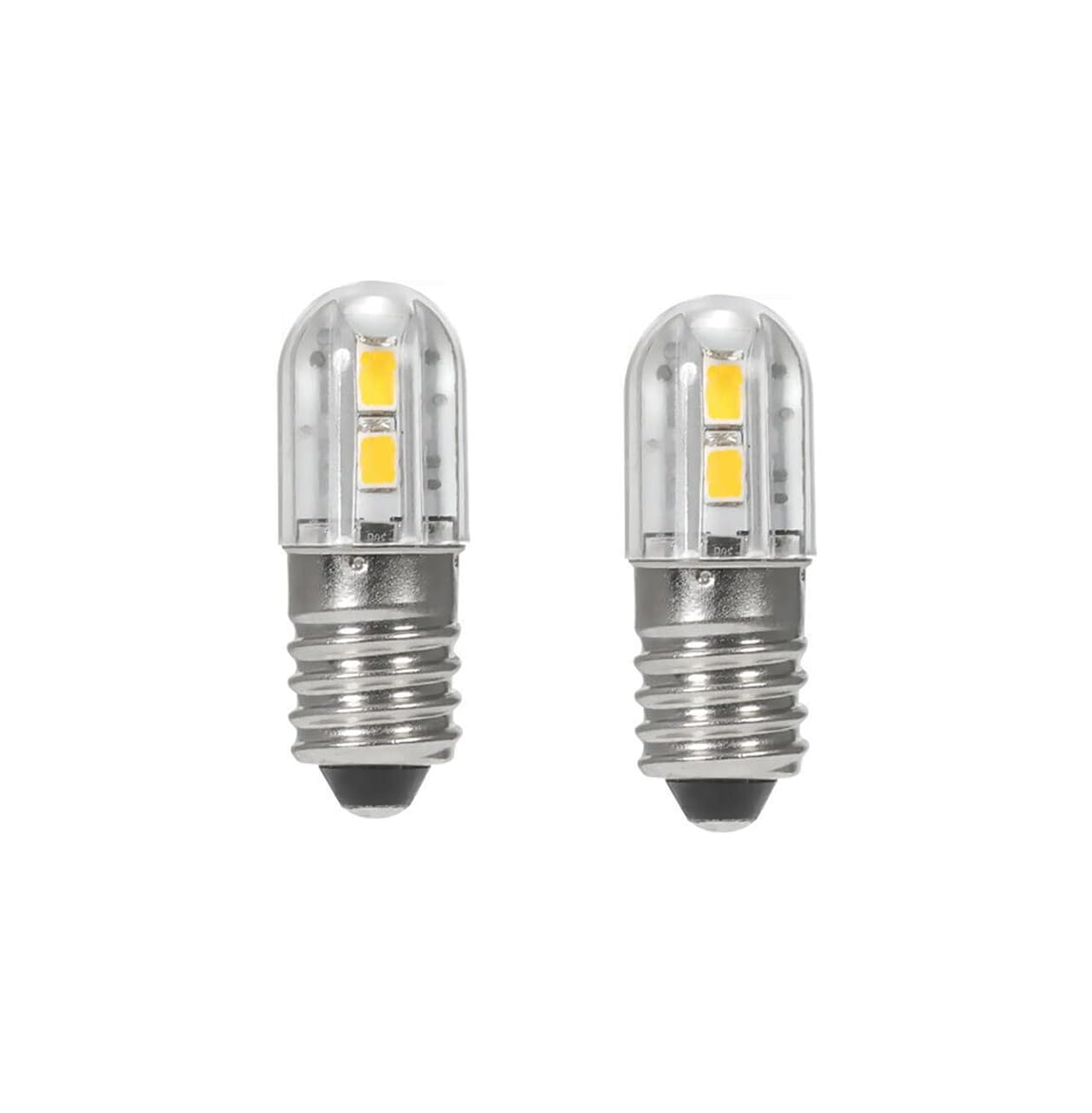 Zwei kleine LED-Glühbirnen mit silbernen Schraubsockeln und klaren zylindrischen Abdeckungen auf weißem Hintergrund.