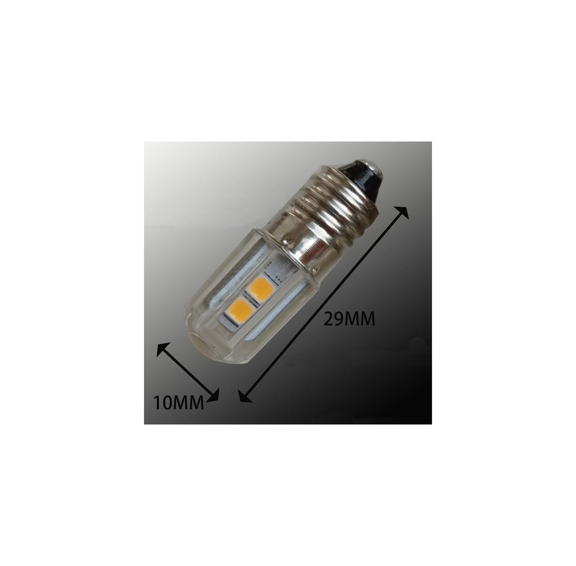 LED-Lampe mit Gewinde, 29mm lang und 10mm breit, auf grauem Hintergrund.