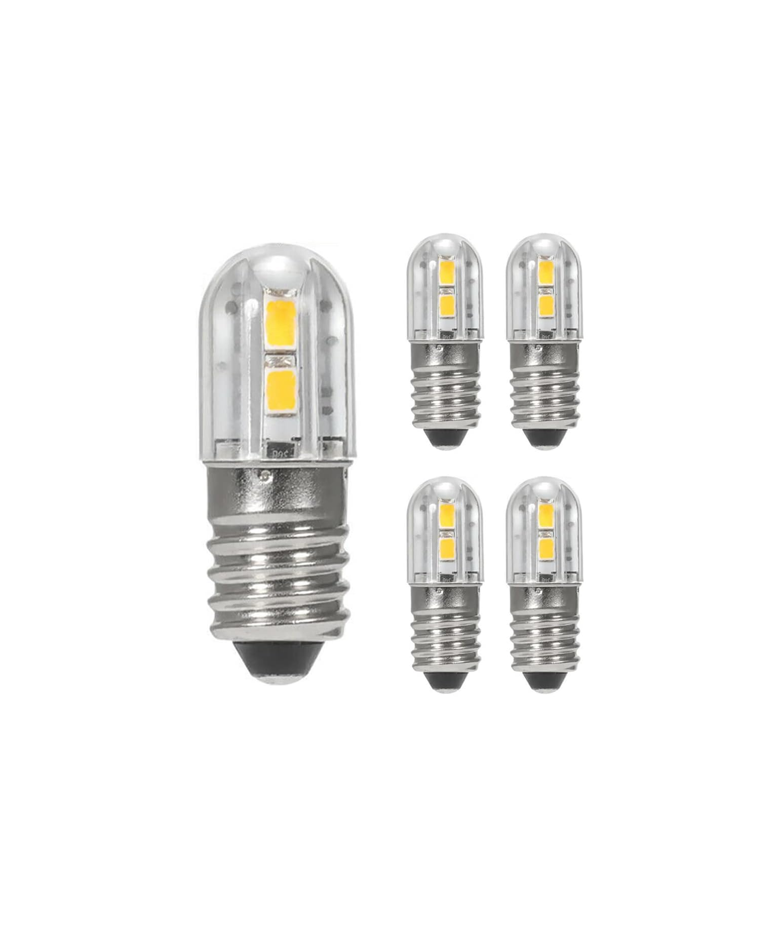 Fünf kleine LED-Glühbirnen mit klarem Glas und silbernem Schraubsockel auf weißem Hintergrund.