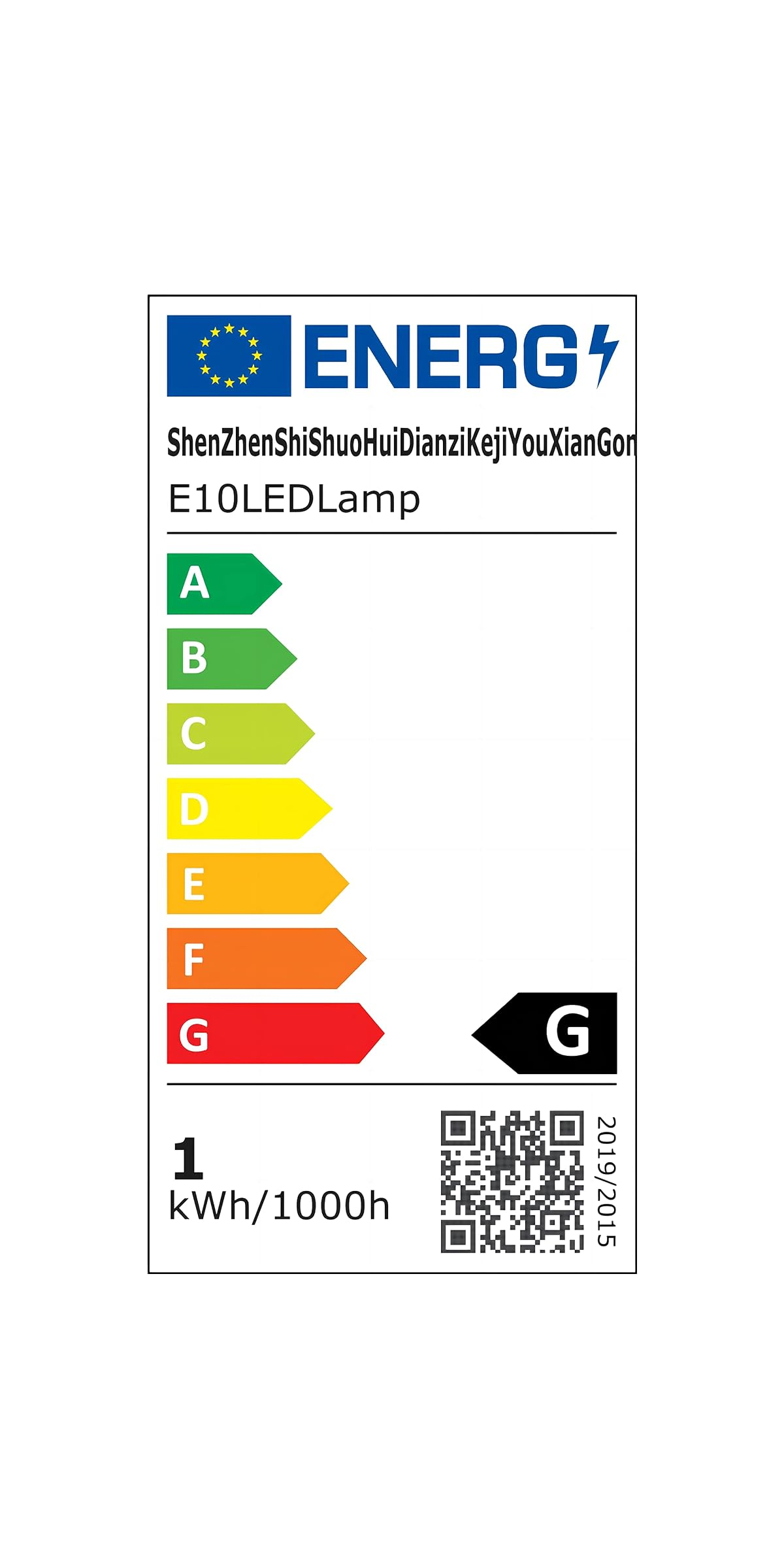 EU-Energieetikett für E10LEDLamp, Energieeffizienzklasse G, 1 kWh pro 1000h.