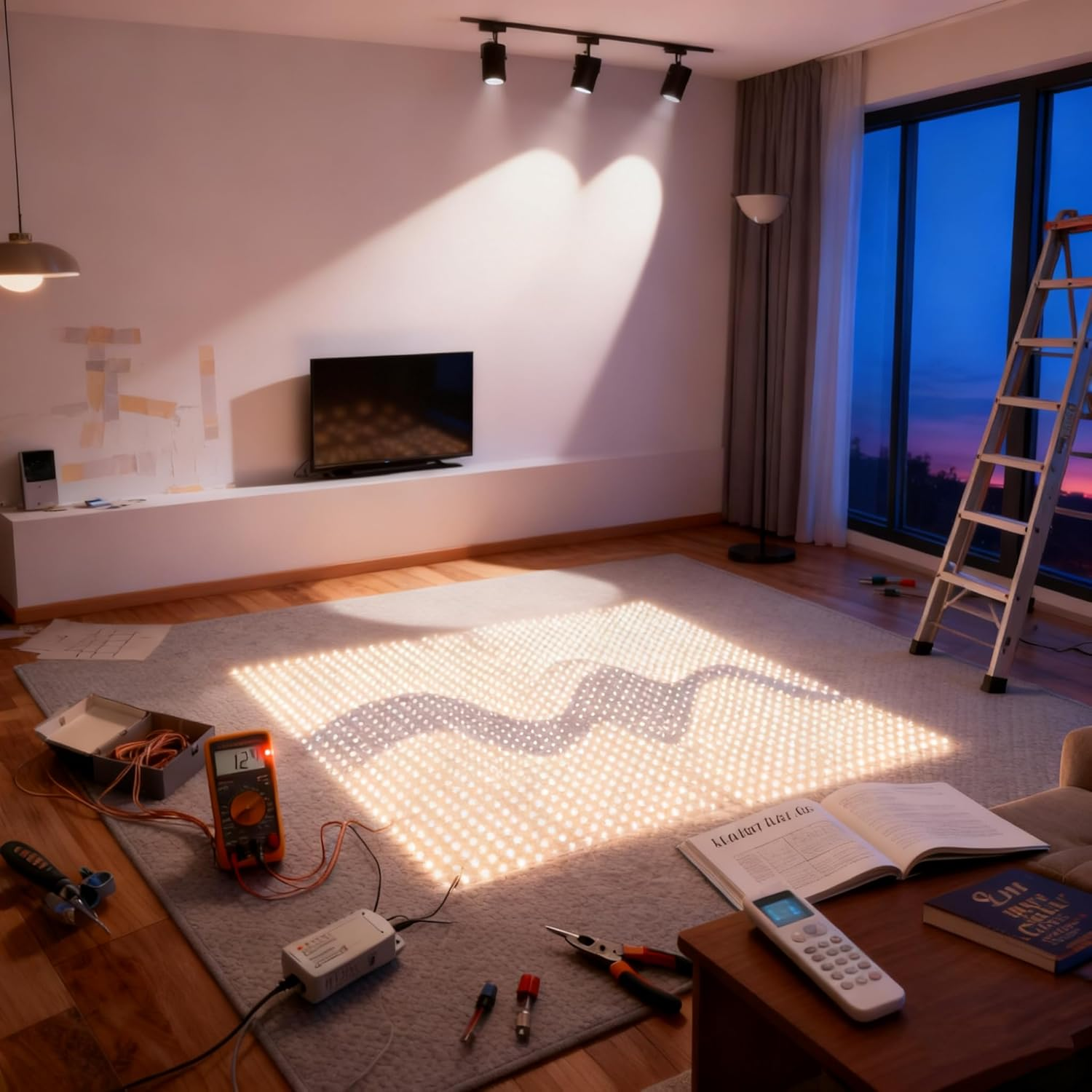 Ein beleuchtetes LED-Display auf einem Teppich, umgeben von Werkzeugen, Multimeter und einer Leiter im Wohnzimmer.