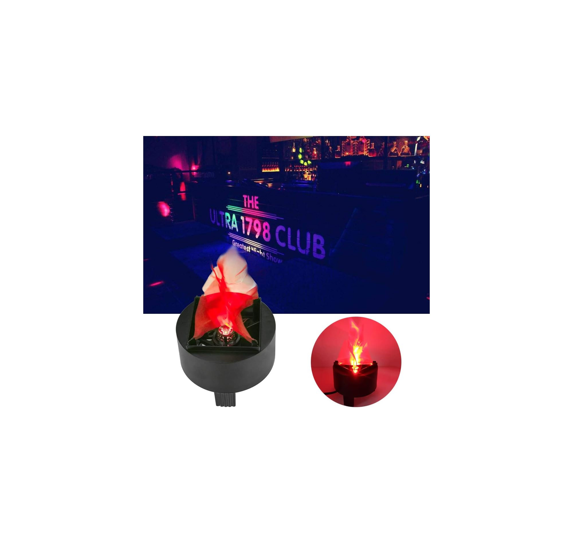 Ein Tischfeuer-Lichteffekt vor einem Nachtclub.