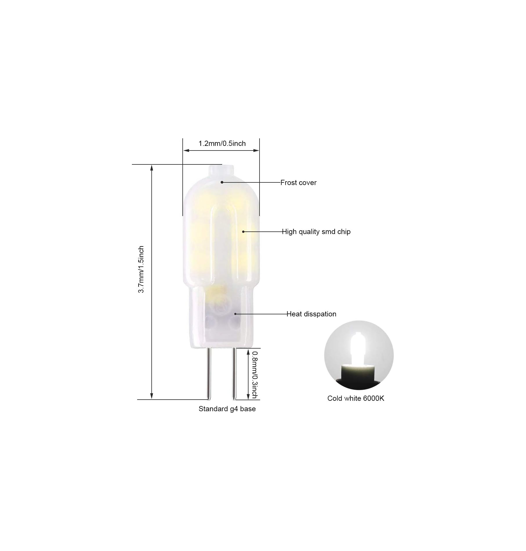 Diagramm einer G4-LED-Lampe mit Maßen, Merkmalen und Kaltlicht-Vorschau.