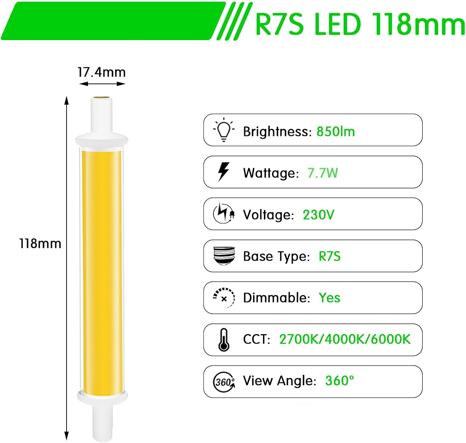 Diagramm zeigt Abmessungen und technische Daten einer R7S LED-Lampe mit 118mm Länge.