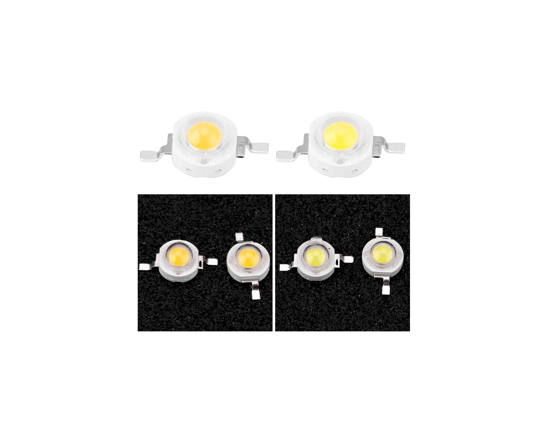 Zwei Reihen runder LED-Chips mit gelben Zentren und silbernen Metallkontakten vor schwarzem Hintergrund.