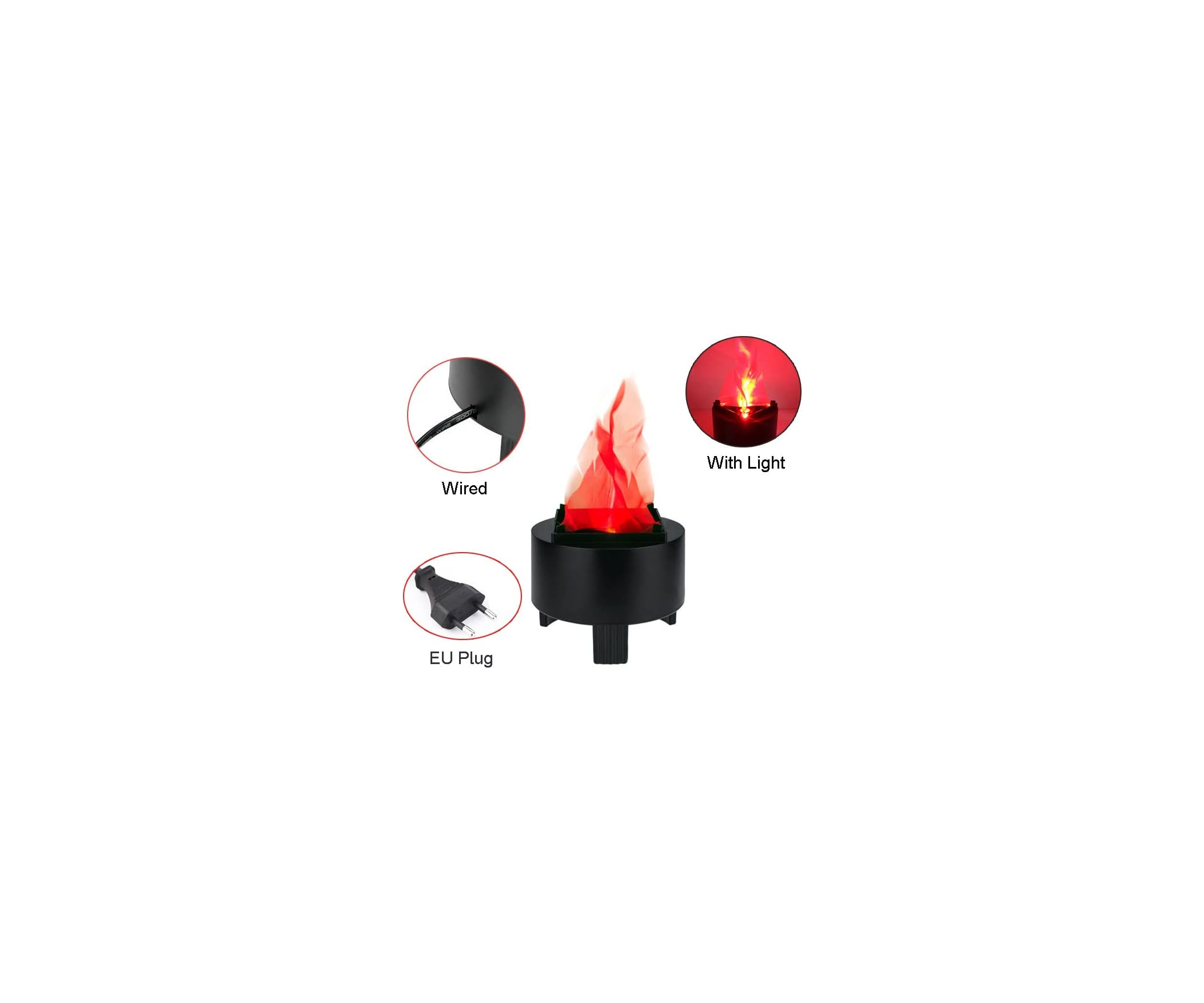 Künstliche LED-Feuerschale mit EU-Stecker und rotem Licht.