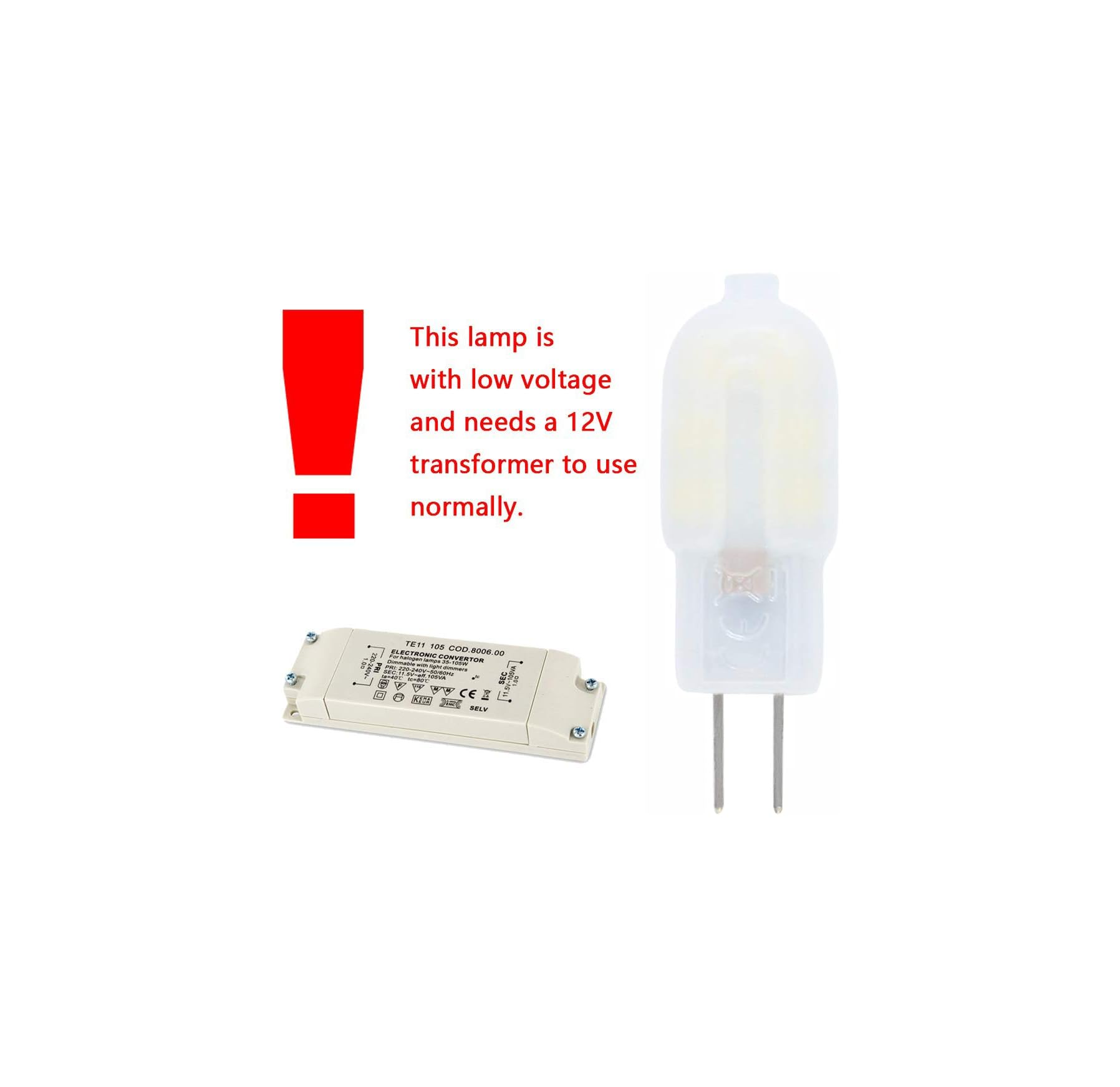 Eine kleine Halogenlampe mit zwei Pins, ein 12V-Transformator und Warntext über Niederspannung.
