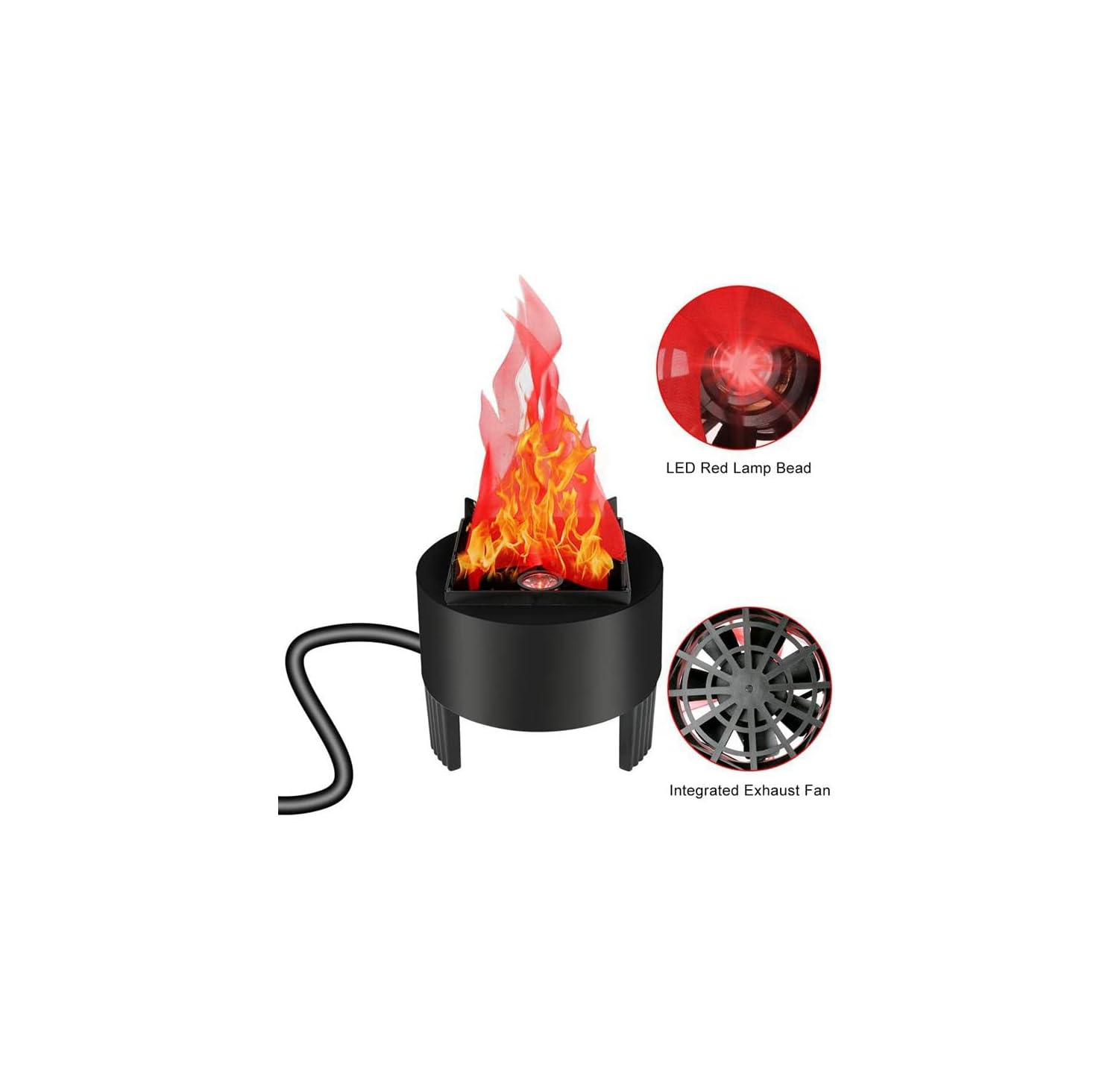 Ein schwarzes Flammenlicht-Gerät mit LED-Lampe und integriertem Abluftventilator auf weißem Hintergrund.