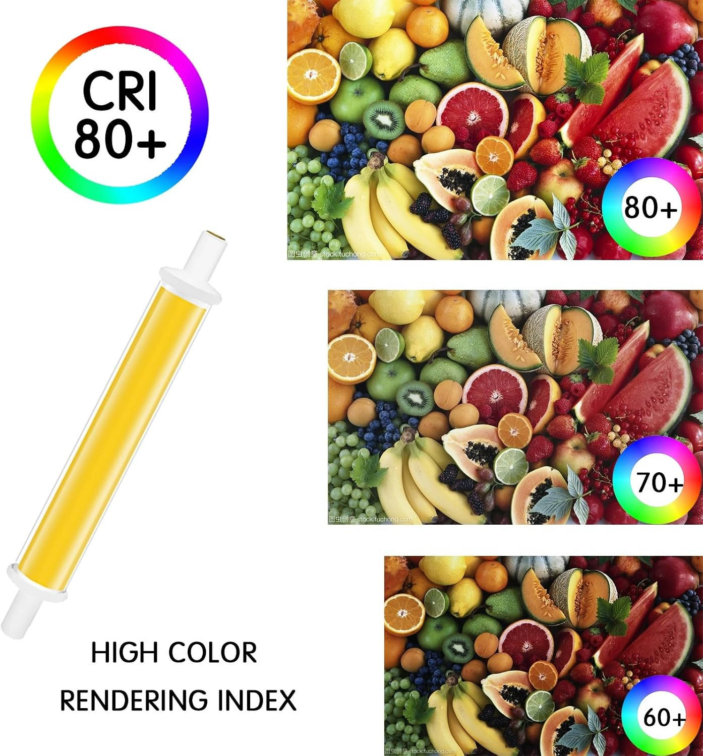 Vergleich von bunten Früchten unter LED-Lischtern mit CRI 80+, 70+ und 60+.