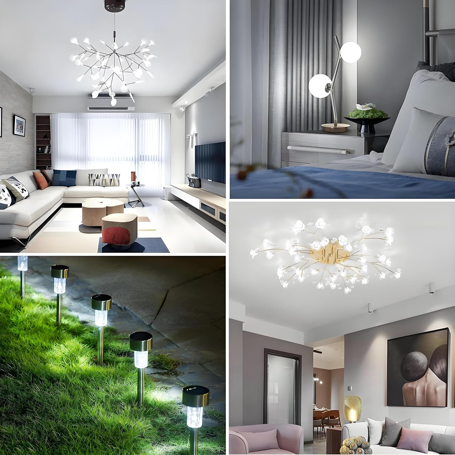 Collage von Innenräumen mit modernen Lampen, Wohnzimmer, Schlafzimmer und Gartenlichtern im Rasen.