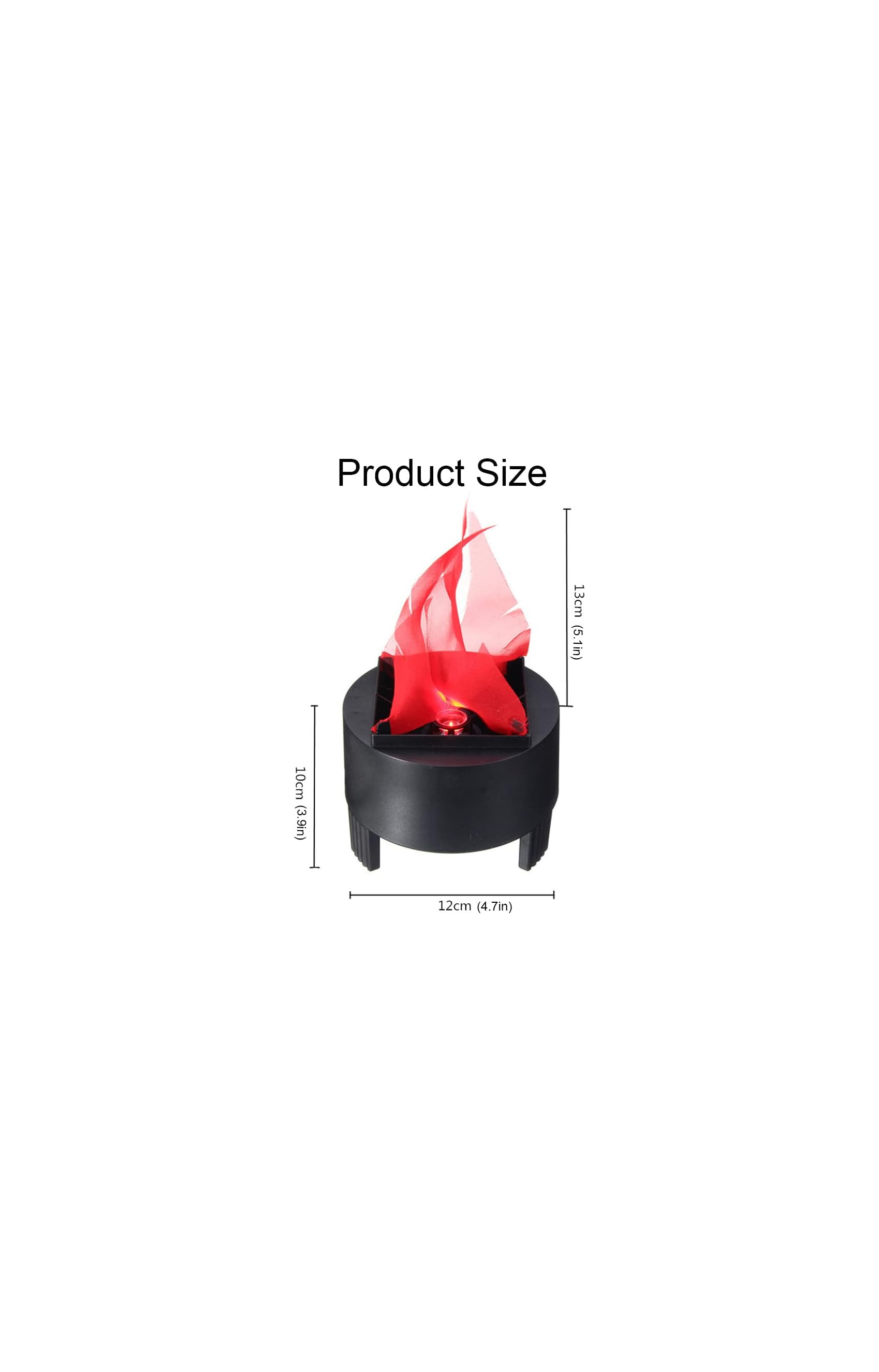 Produktgrößendiagramm einer schwarzen Kunstflammenleuchte mit rotem Stoff, 12 cm Breite, 10 cm Basishöhe und 13 cm Gesamthöhe.