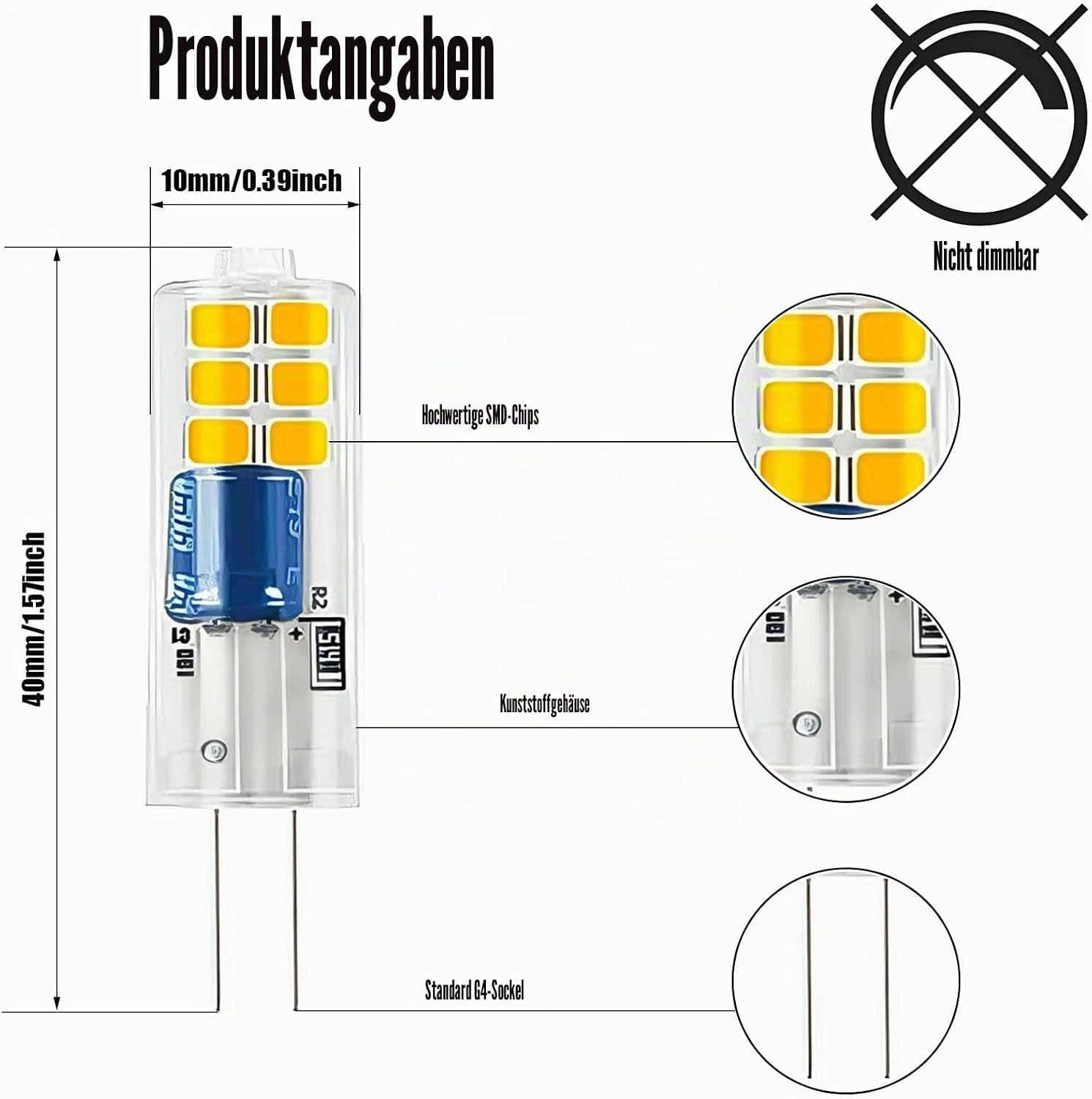 Technische Zeichnung und Details einer nicht dimmbaren G4-LED-Lampe mit Maßen und Komponenten.