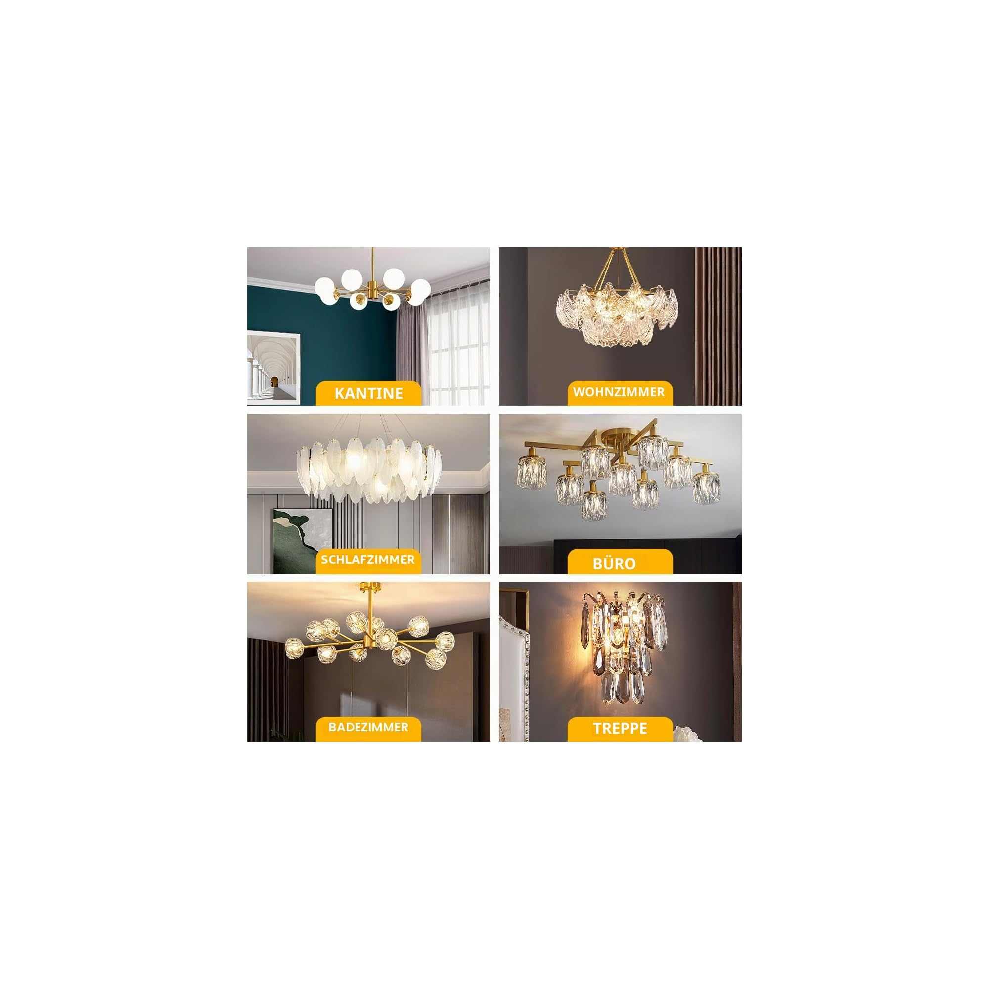 Sechs verschiedene moderne Lampen mit gelben Schildern für verschiedene Räume wie Wohnzimmer und Büro.