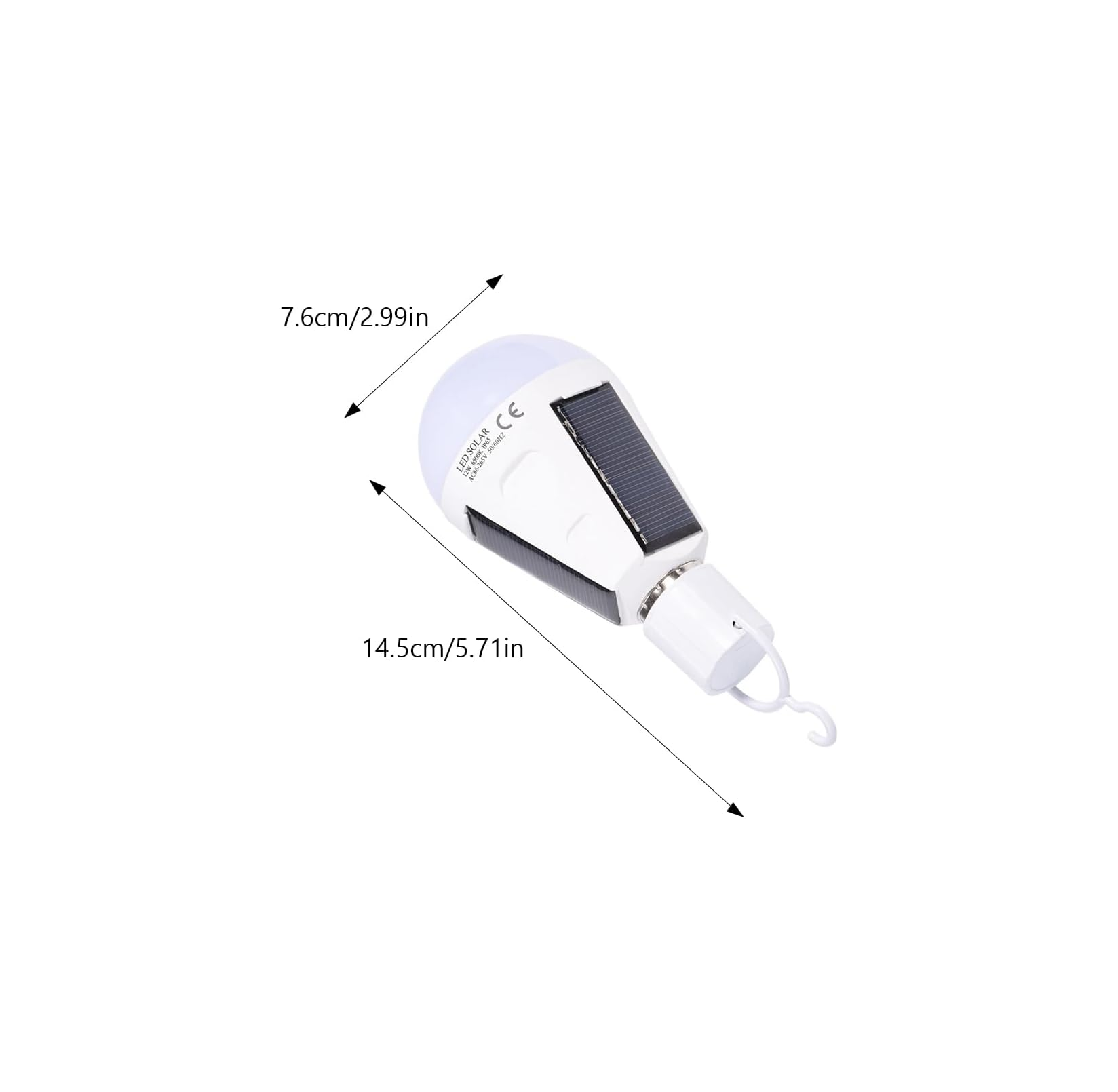 Weißes Solar-LED-Leuchtmittel mit den Maßen 14,5 cm mal 7,6 cm vor weißem Hintergrund.