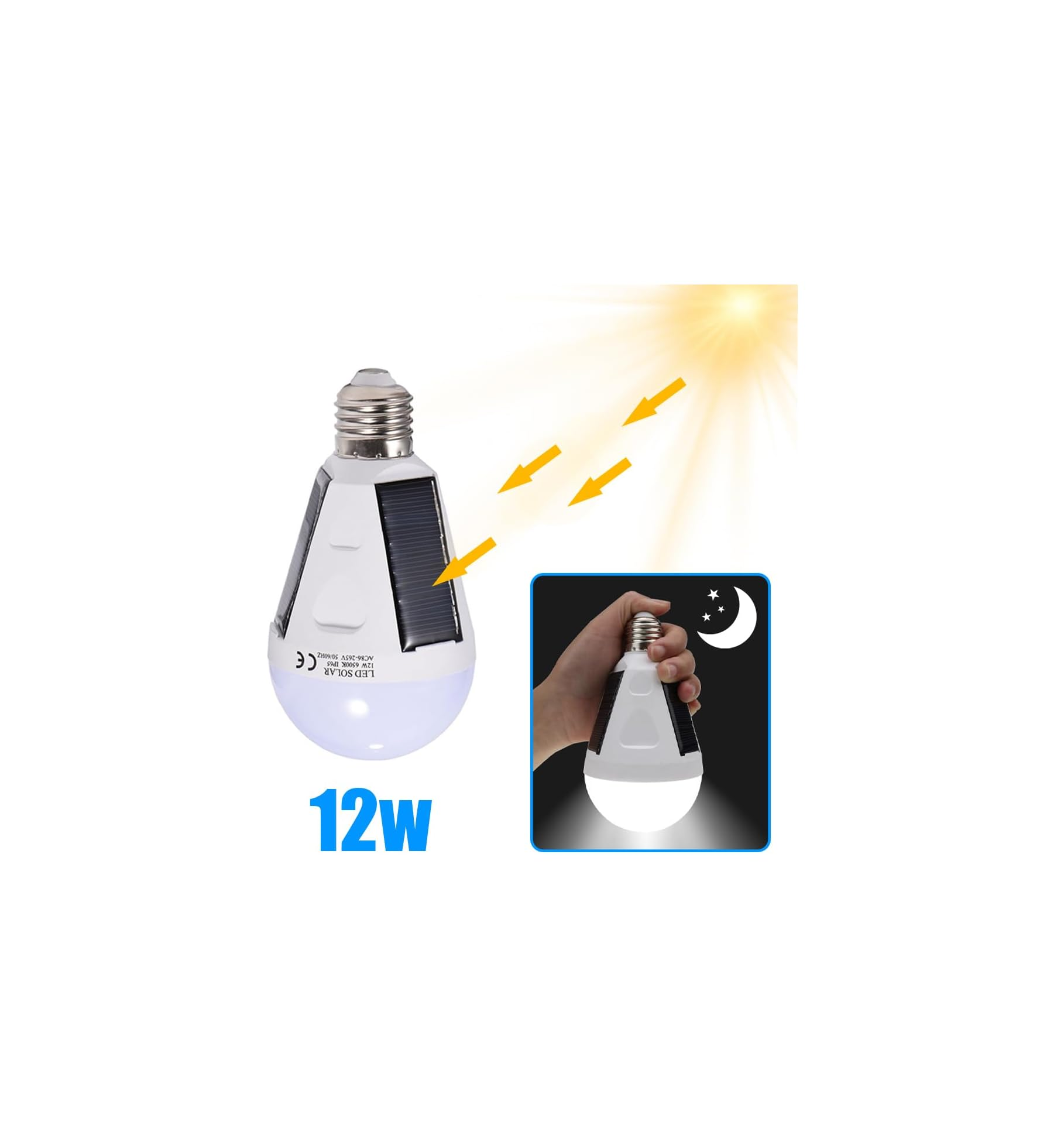 Eine 12W LED-Solar-Glühbirne wird von Sonnenlicht aufgeladen und leuchtet nachts in der Hand.