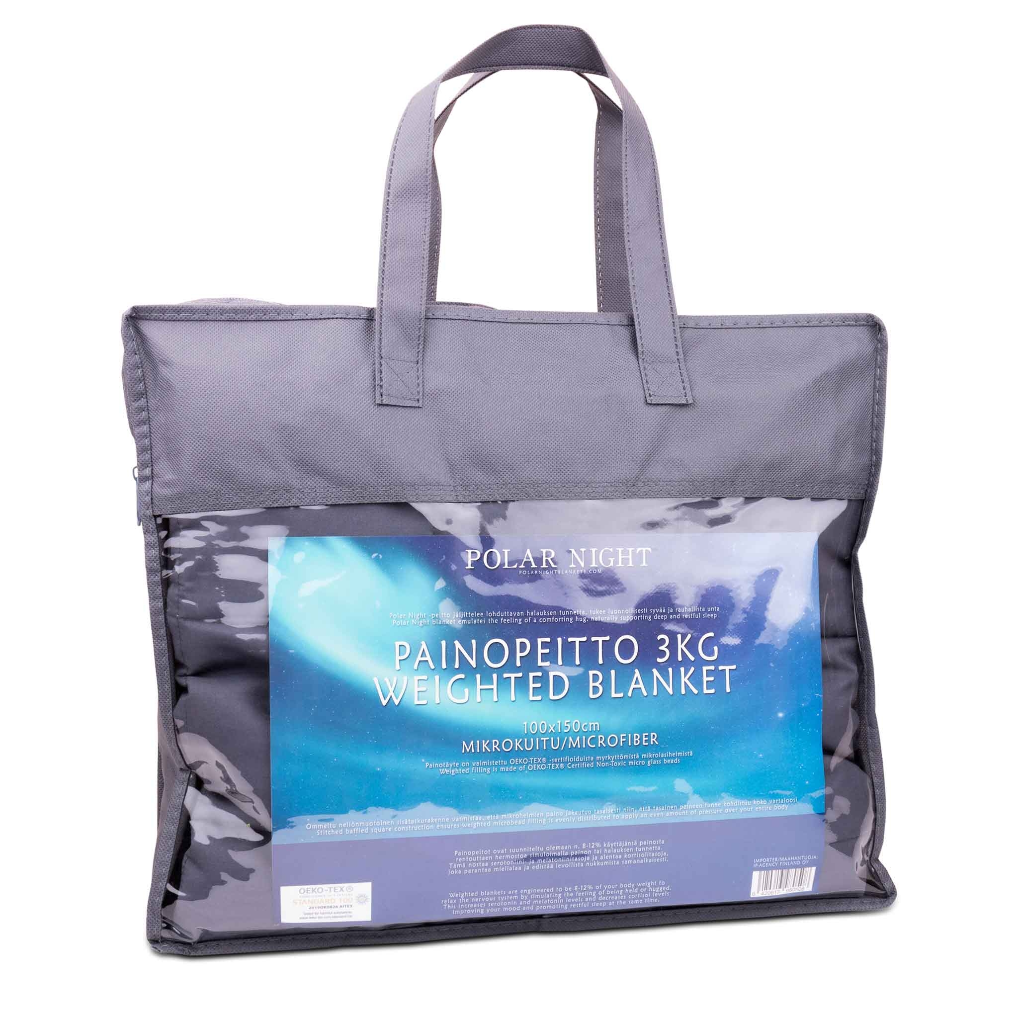 Eine graue Polar Night Gewichtsdecke in Verpackung mit Griffen und Produktbeschriftung.