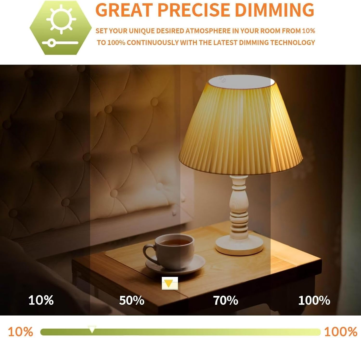Eine Lampe und eine Tasse auf einem Nachttisch mit Stufen von 10% bis 100% Helligkeit.
