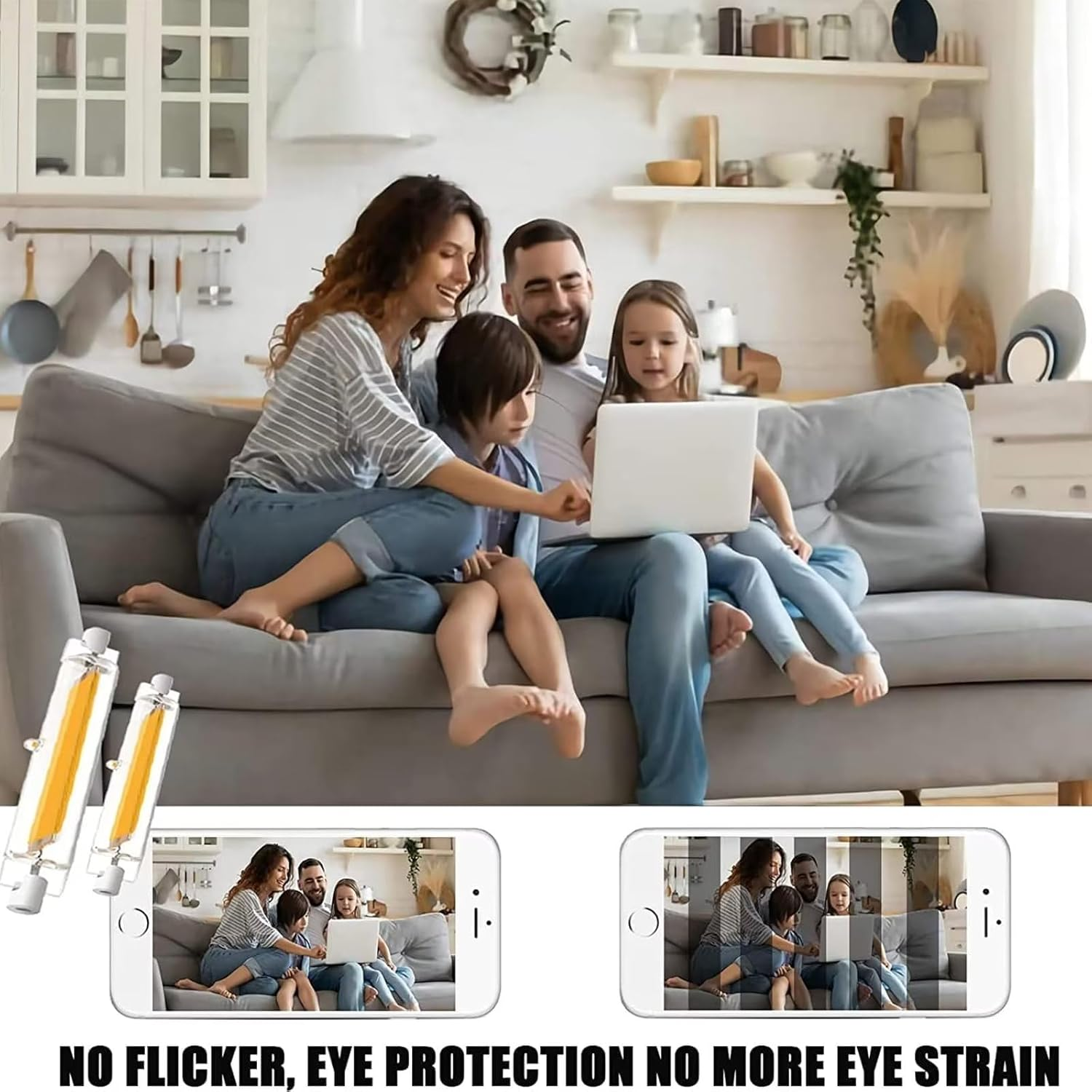 Eine Familie sitzt auf einem Sofa und nutzt einen Laptop, während zwei Smartphones im Vordergrund Flackern vergleichen.