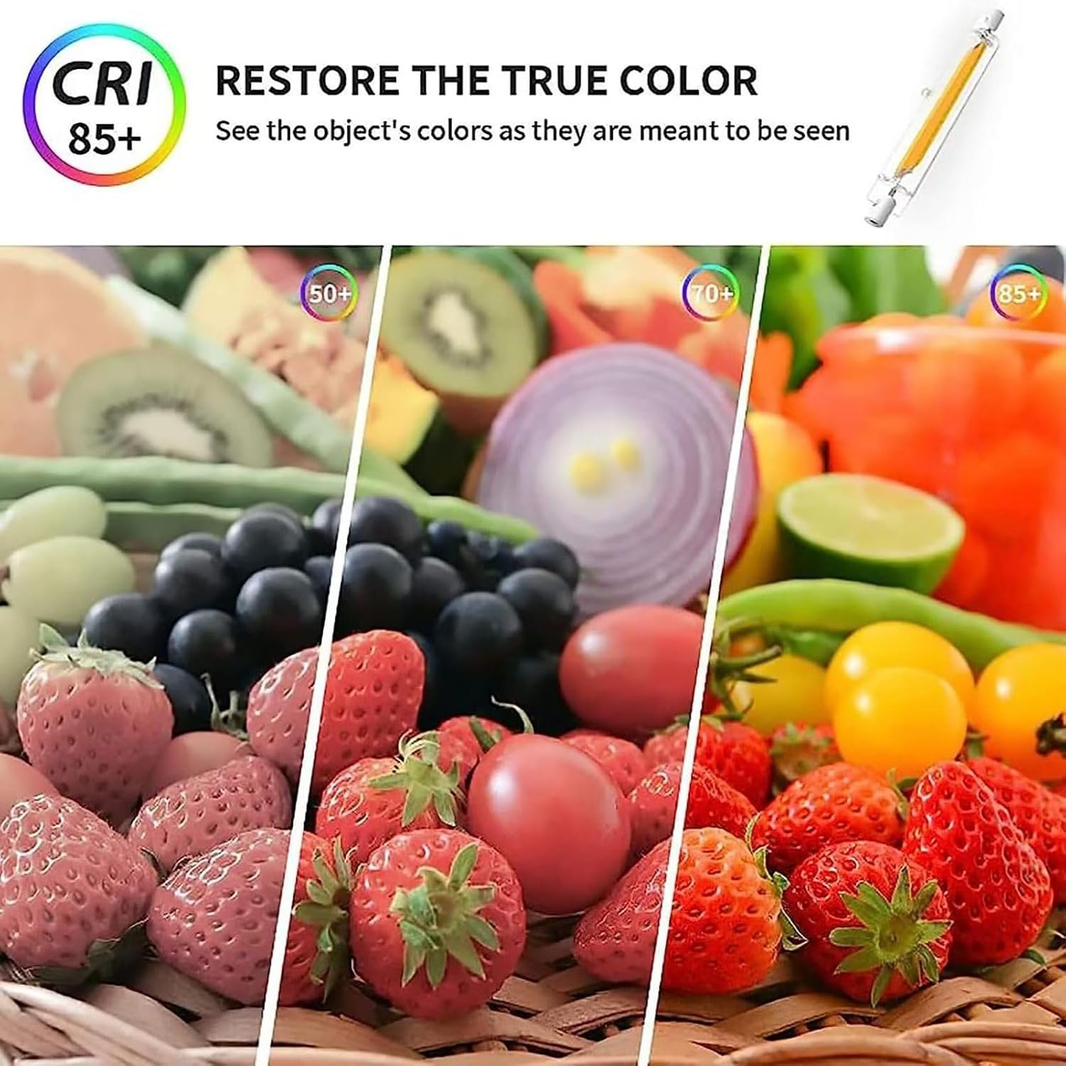 Vergleich von Obst- und Gemüselarben unter CRI 50+, 70+ und 85+ Beleuchtung.