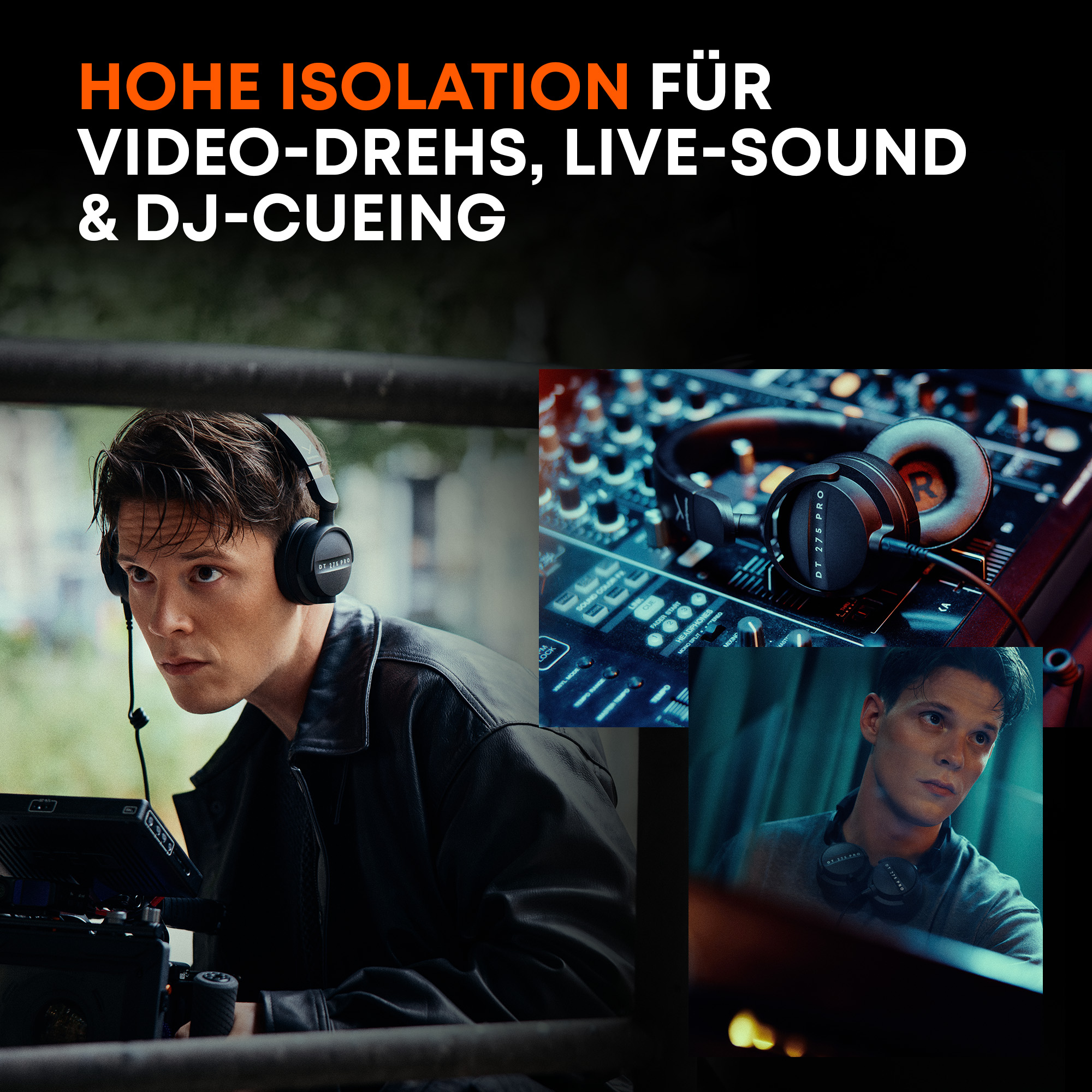 Werbebild für DT 275 Pro Kopfhörer mit Mann hinter Kamera, DJ-Mixer und Mann mit Kopfhörern um den Hals.