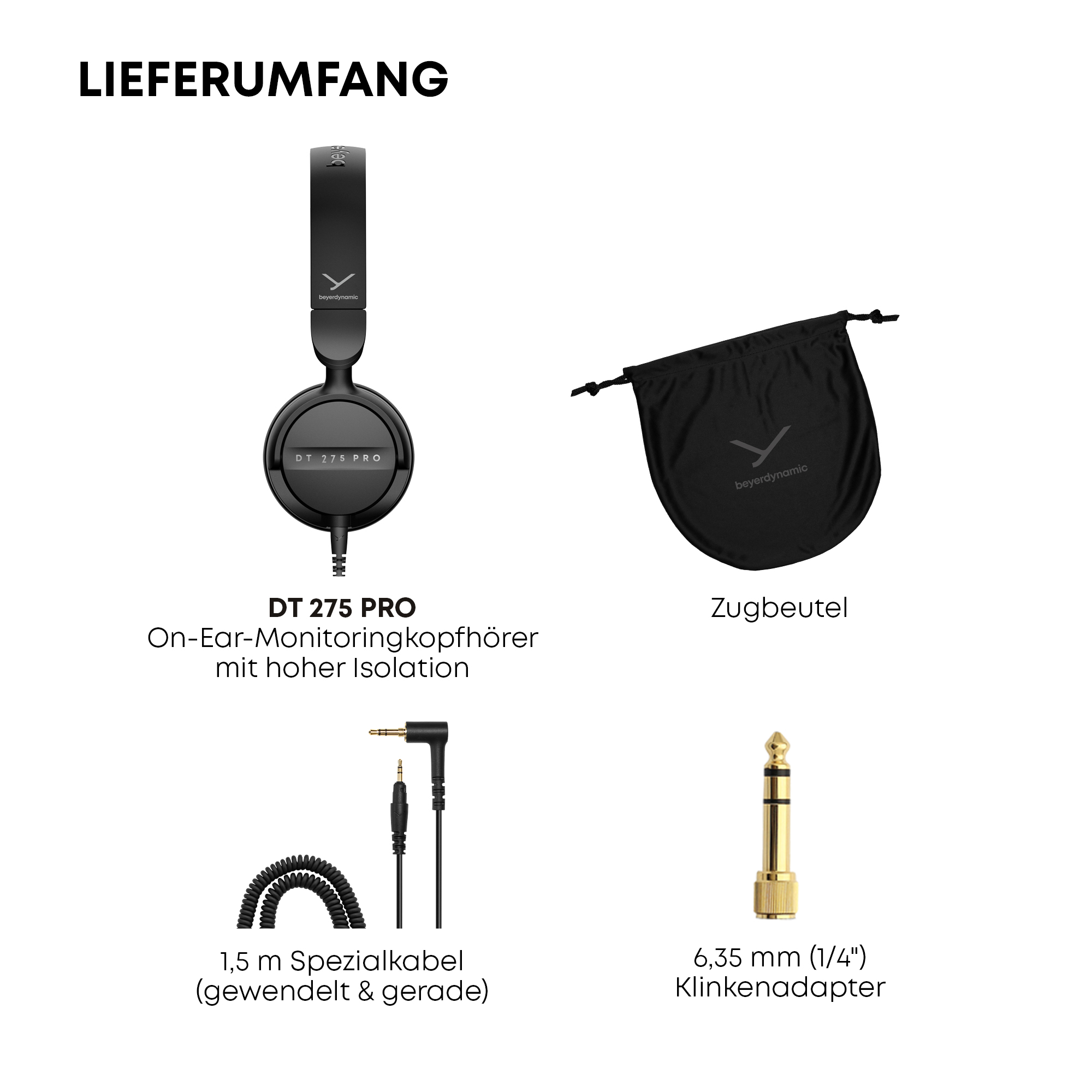 Lieferumfang: DT 275 PRO Kopfhörer, Zugbeutel, 1,5m Kabel und 6,35mm Klinkenadapter.