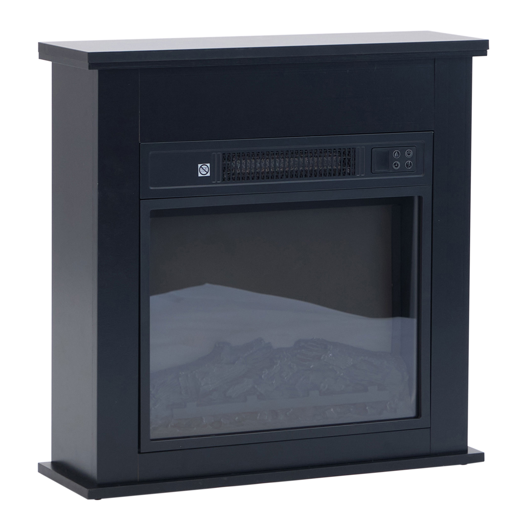 Ein schwarzer elektrischer Kamin mit digitalem Bedienfeld und glühenden Holzscheiten hinter Glas.