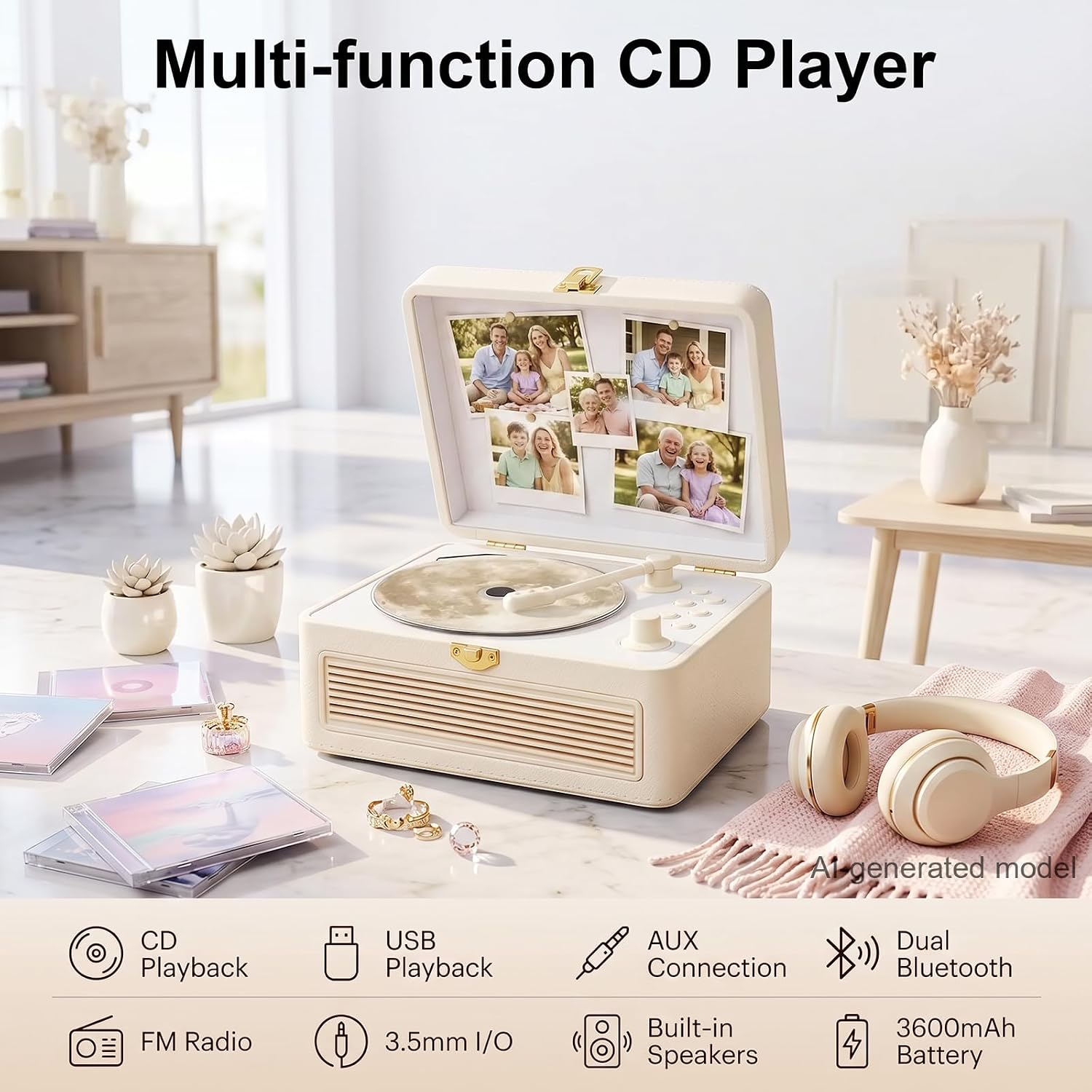 Ein beiger, kofferförmiger Multifunktions-CD-Player steht auf einem Tisch mit Familienfotos und Kopfhörern.