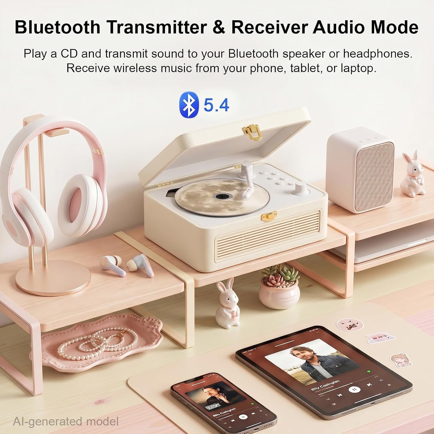 Ein beiger Bluetooth-Plattenspieler, rosa Kopfhörer, ein weiβer Lautsprecher, ein Handy und ein Tablet auf einem Holztisch.
