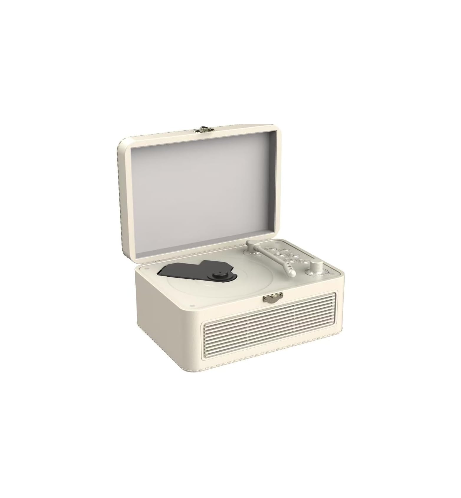 Ein cremefarbener Retro-Plattenspieler im Kofferdesign mit integriertem Lautsprecher vor weißem Hintergrund.