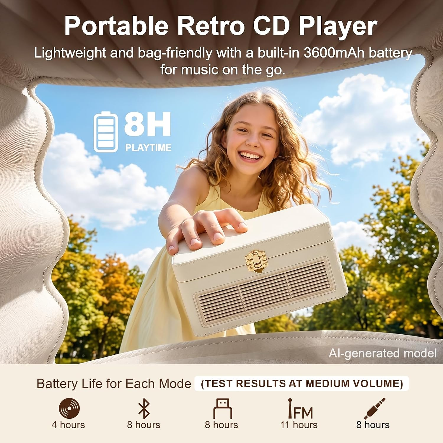 Ein lächelndes Mädchen hält draußen einen cremefarbenen Retro-CD-Player unter blauem Himmel.