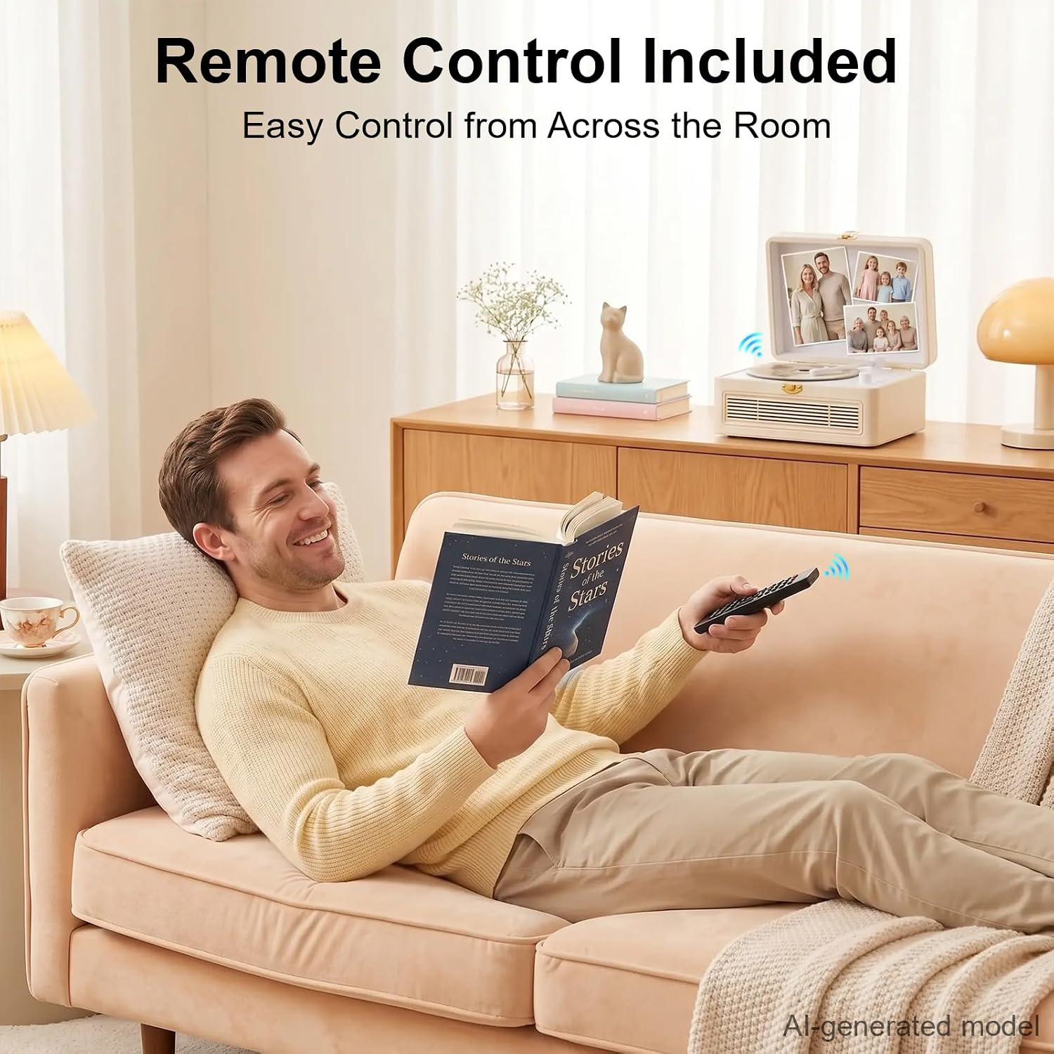 Ein Mann entspannt auf einem Sofa, liest ein Buch und bedient mit einer Fernbedienung einen Plattenspieler.