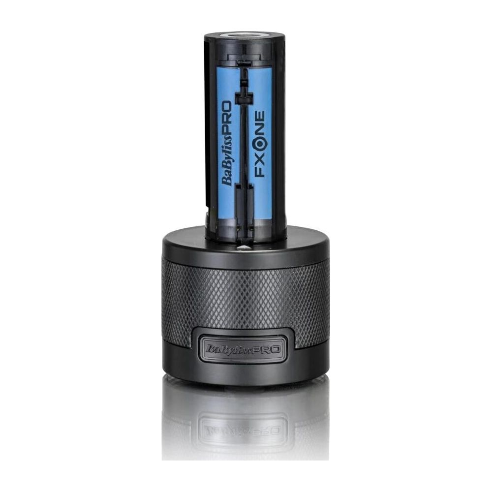 Base di ricarica nera BabylissPro FXONE con inserto batteria verticale su fondo bianco.