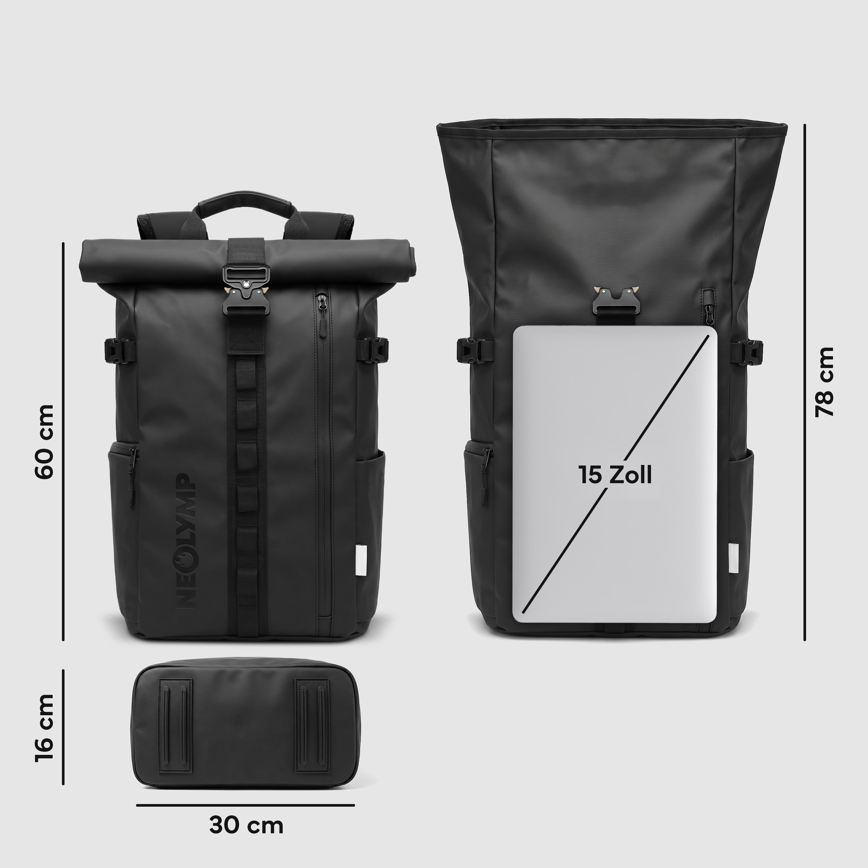 Zwei schwarze Rucksäcke mit Maßpfeilen und einer kleinen Tasche vor hellem Hintergrund.