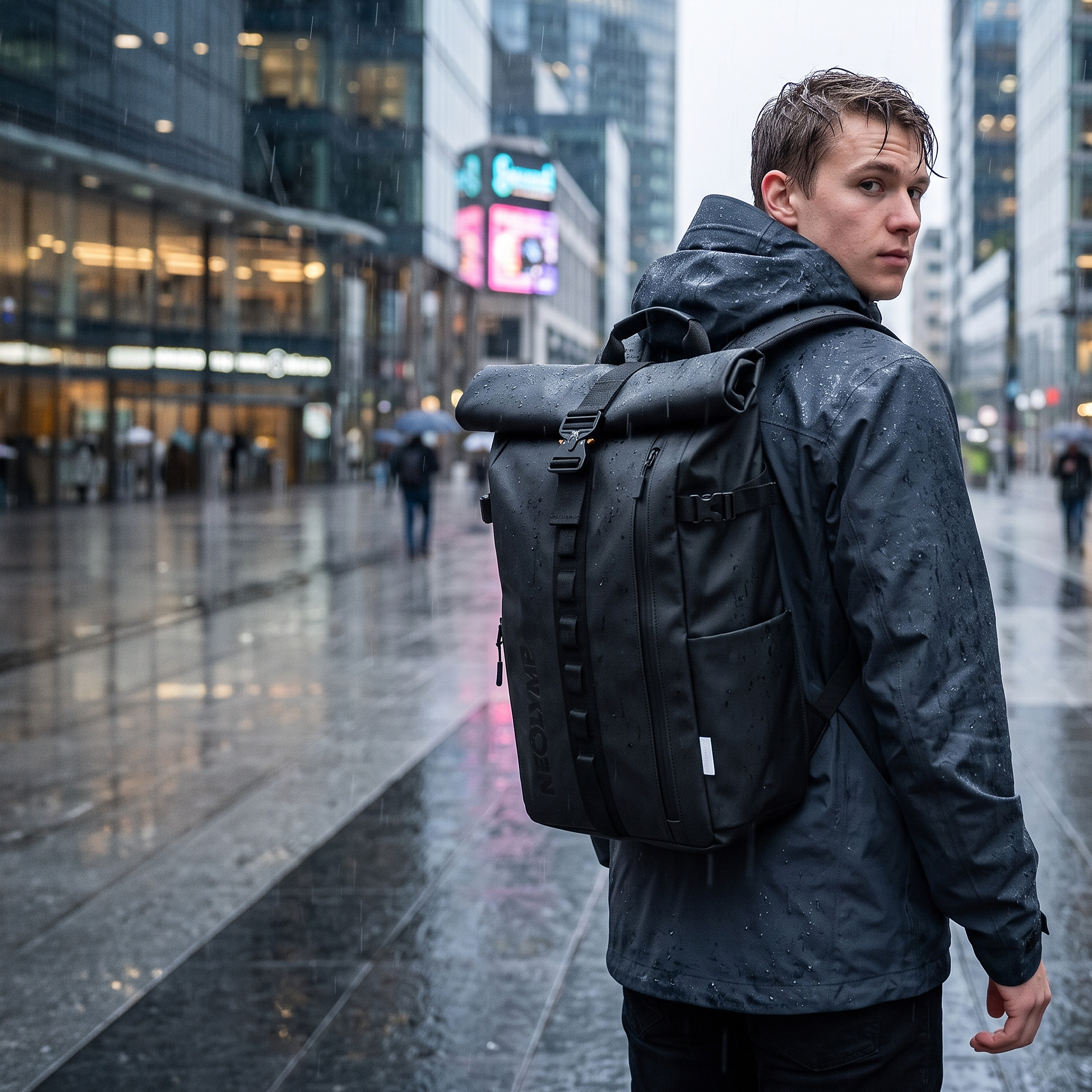 Ein junger Mann mit nasser Jacke und schwarzem Rucksack steht auf einer regnerischen Straße und blickt zurück.