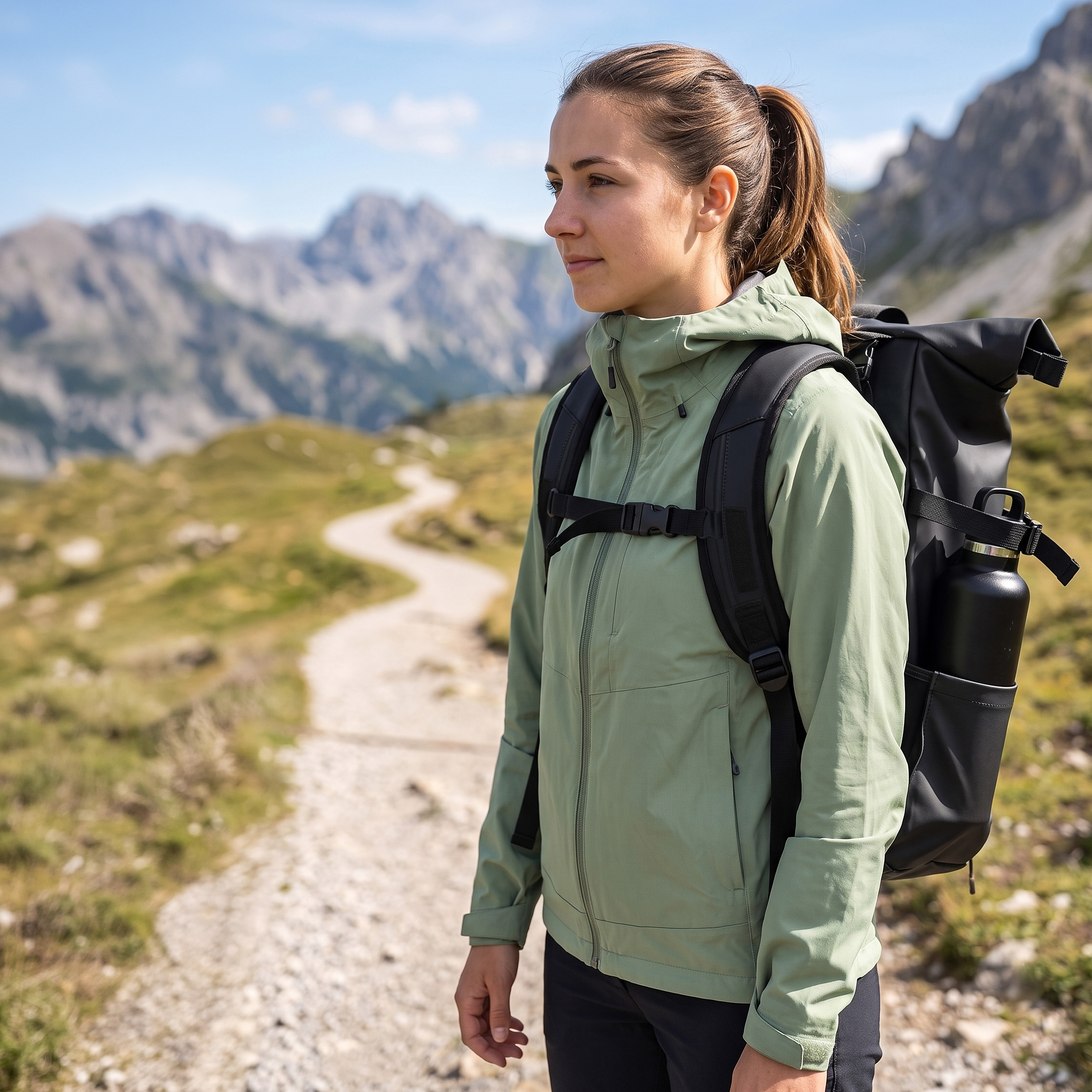 Eine Wanderin mit grünem Jackett und schwarzem Rucksack steht auf einem Bergpfad vor einer Bergkette.
