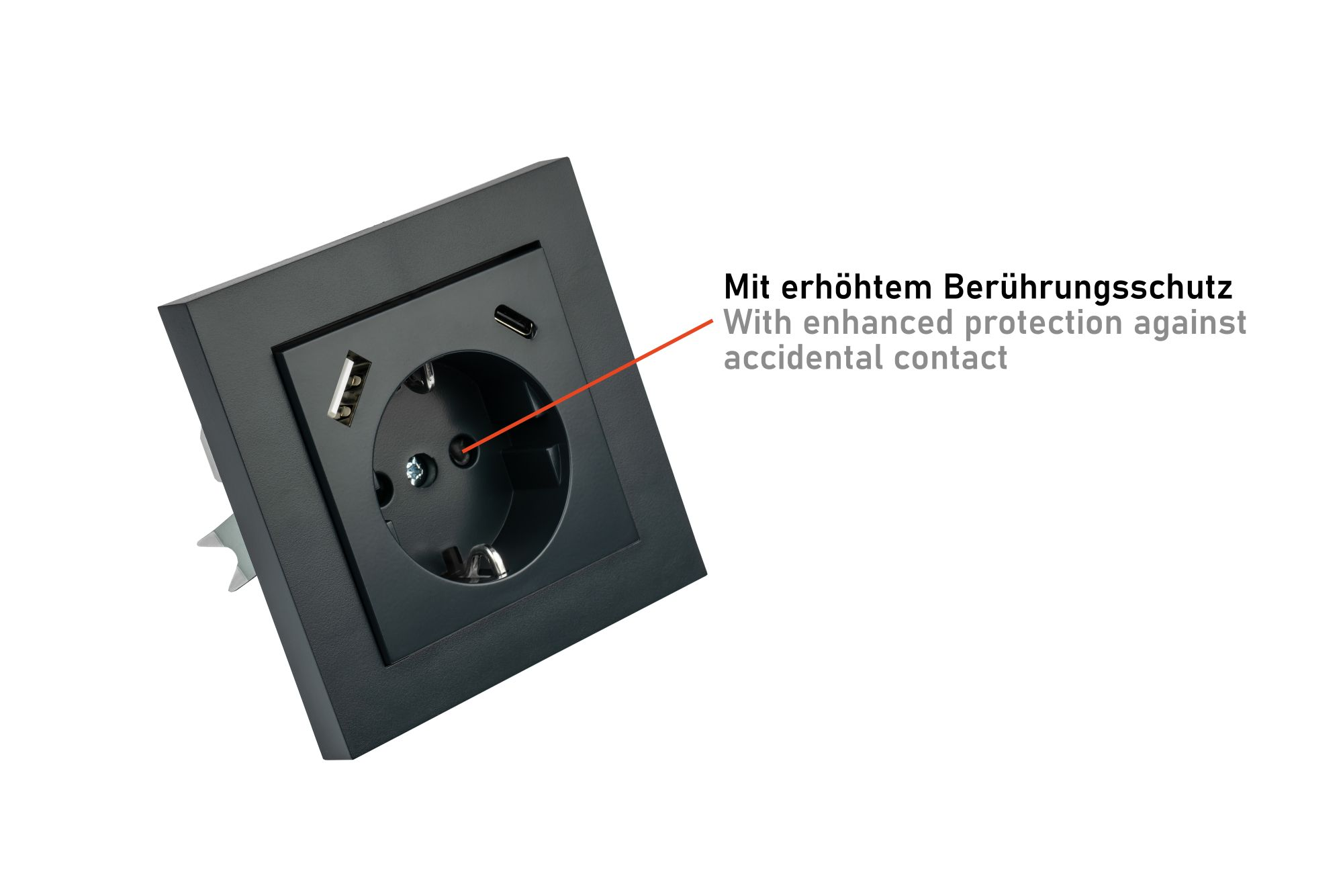 Schwarze Steckdose mit USB-Anschlüssen und erhöhtem Berührungsschutz auf weiBem Hintergrund.
