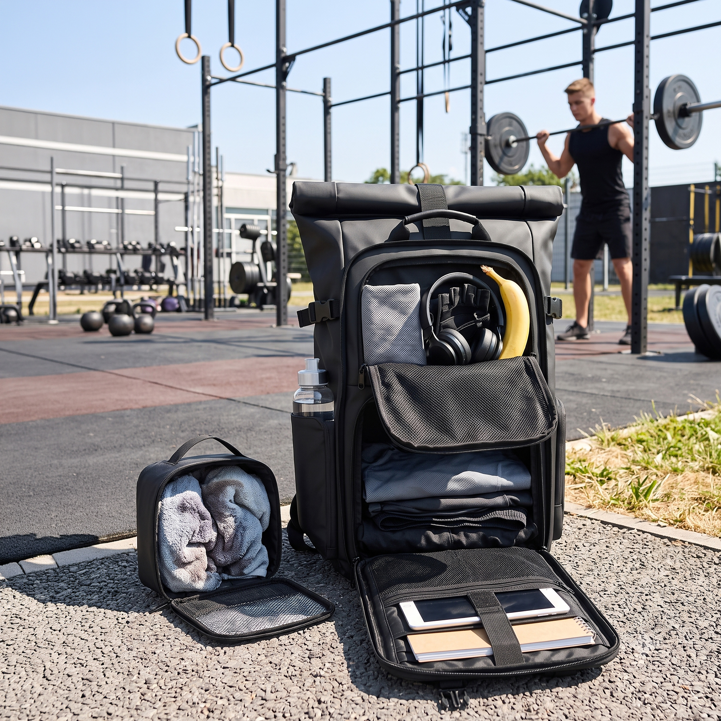 Openes Rucksack mit Fitnesszubehör und kleiner Tasche mit Handtüchern im Freien vor einem Fitnessstudio.