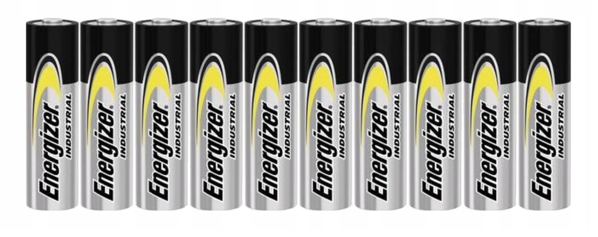 Dieci batterie AA Energizer Industrial allineate una accanto all'altra su sfondo bianco.