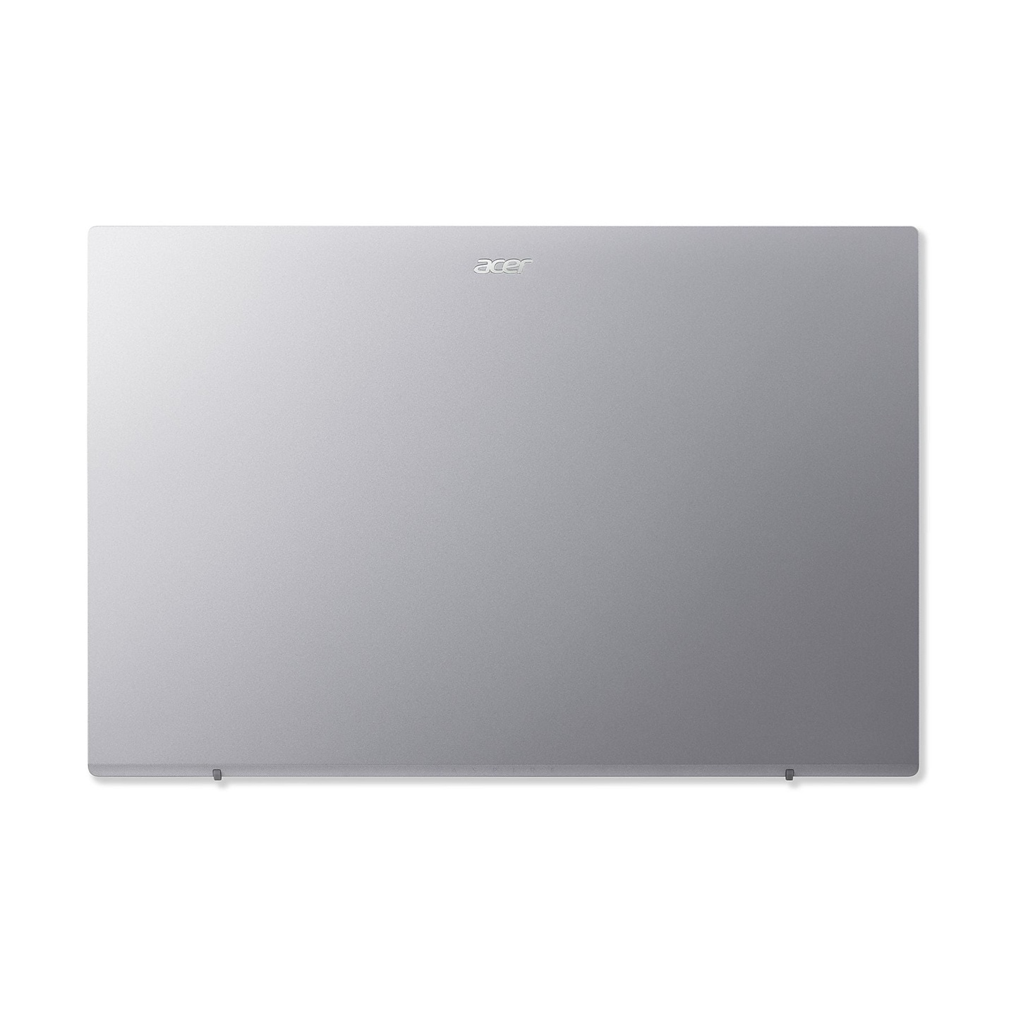 Geschlossener silberner Acer-Laptop von oben auf weißem Hintergrund gesehen.