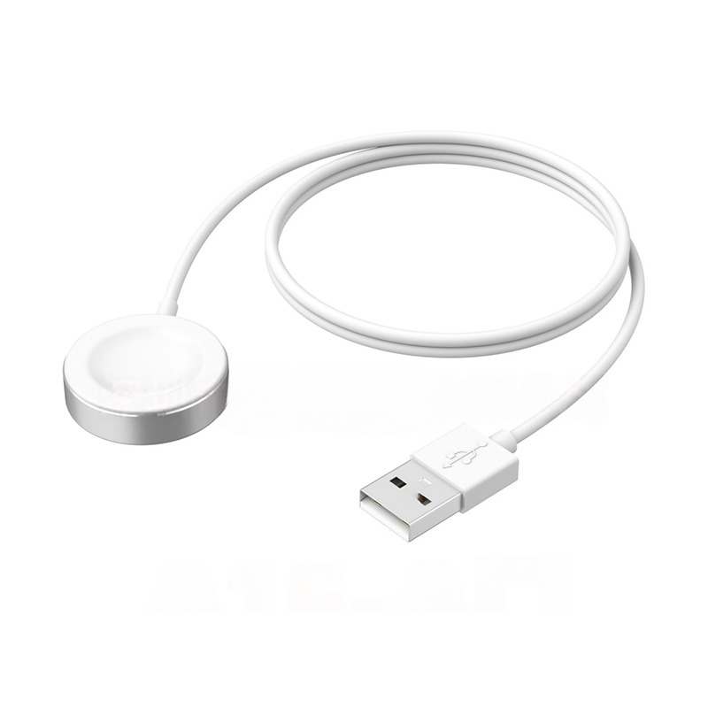 Weißes Smartwatch-Ladekabel mit USB-A-Anschluss und runder magnetischer Ladefläche auf weißem Hintergrund.