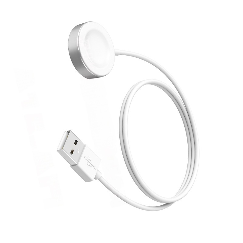 Weißes USB-Ladekabel mit runder Ladestation gegen einen weißen Hintergrund.