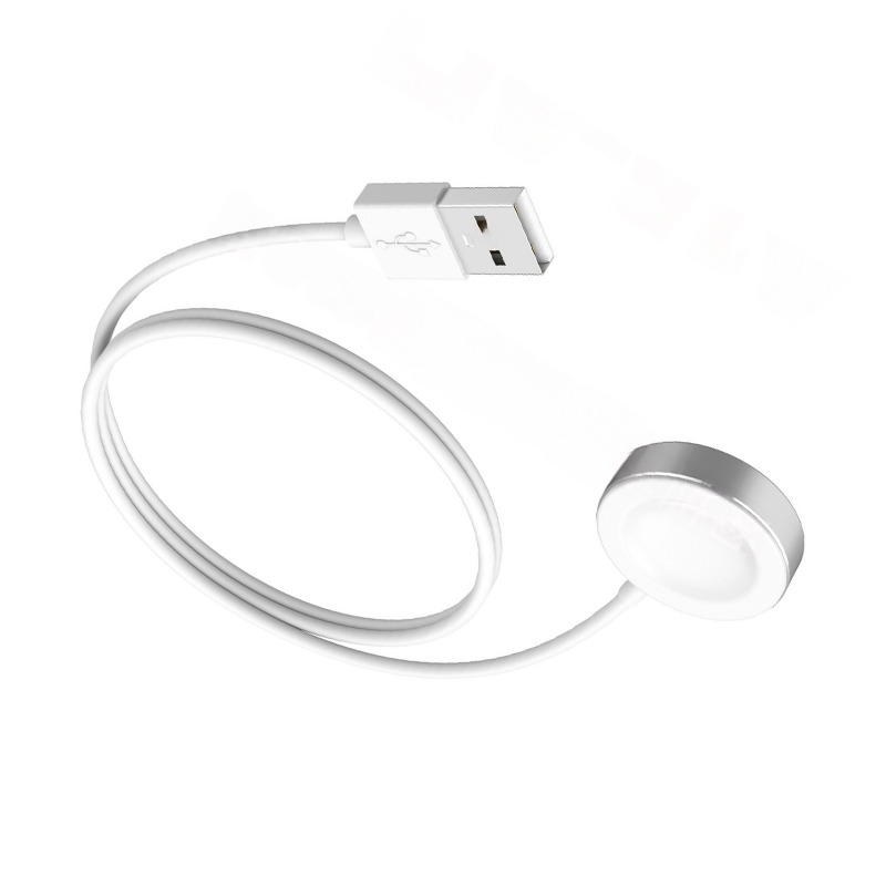 Ein weißes USB-Ladekabel mit runder magnetischer Ladefläche auf weißem Hintergrund.