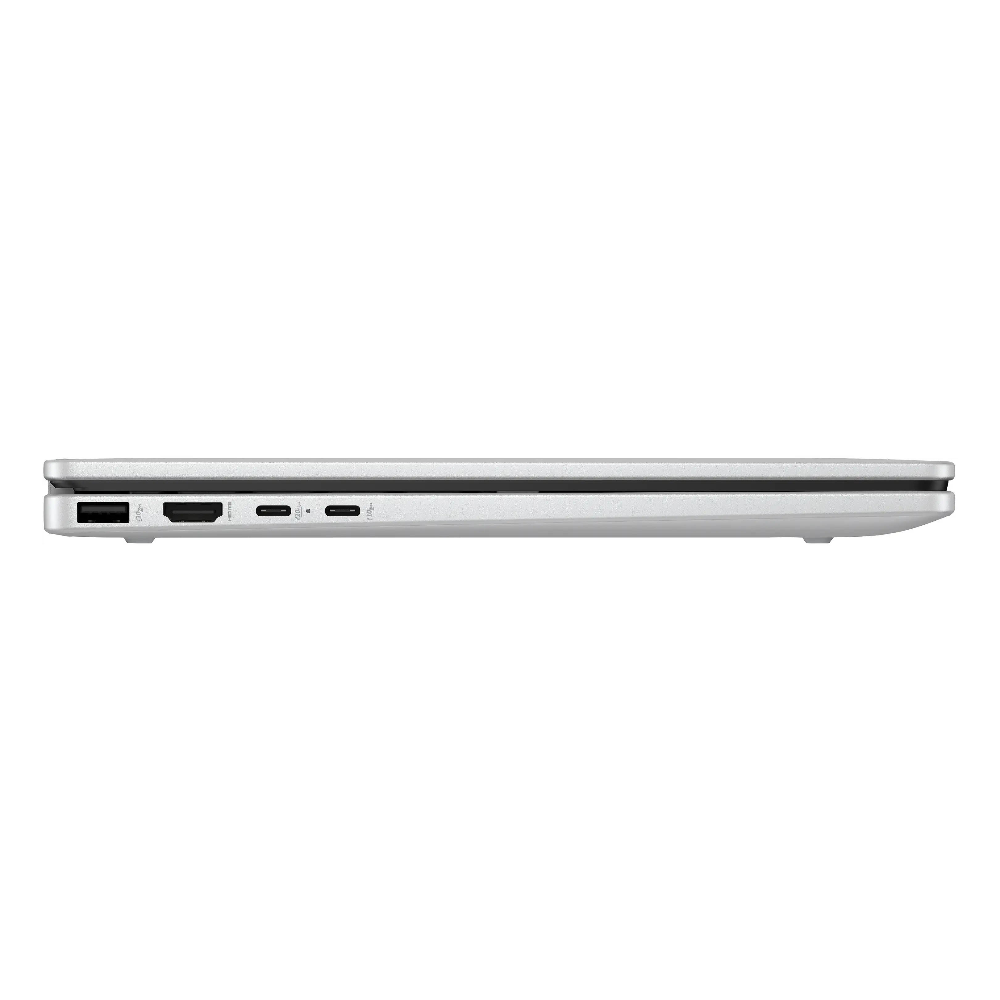 Vista laterale di un laptop argento con porte USB, HDMI e USB-C su sfondo nero.