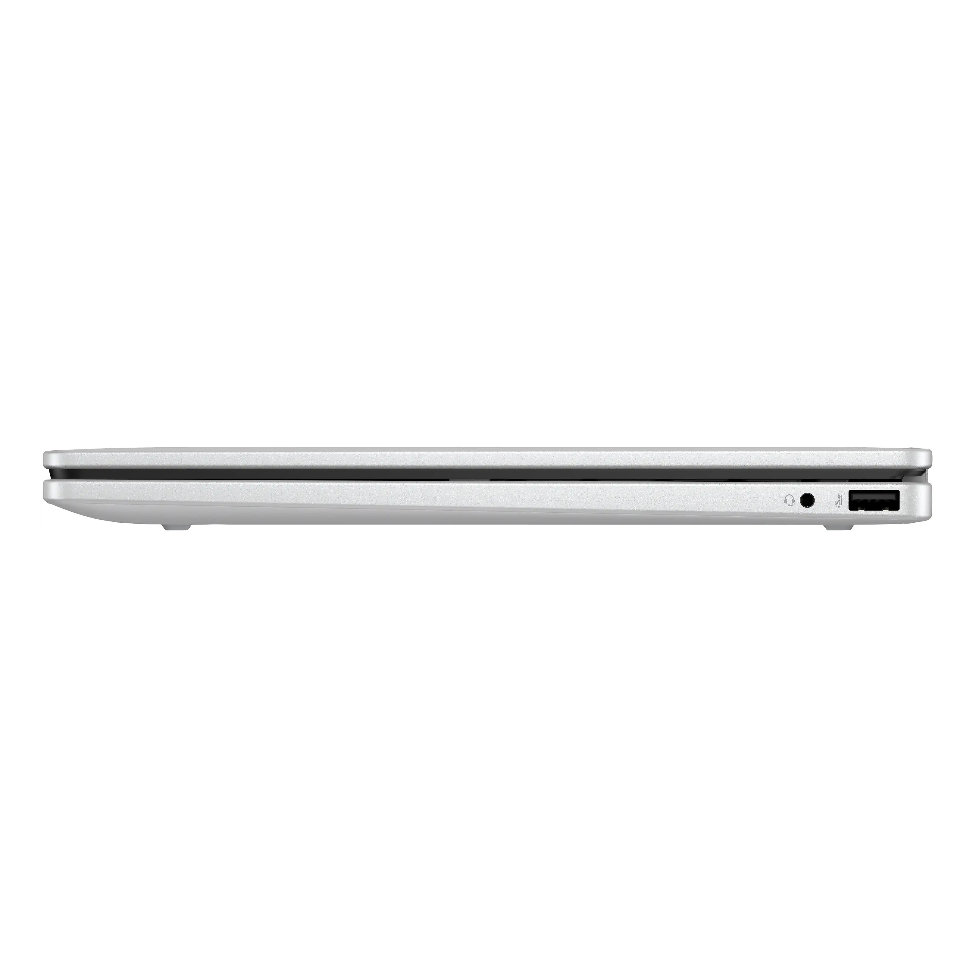 Vista laterale di un laptop argentato chiuso con jack per cuffie e porta USB su sfondo nero.