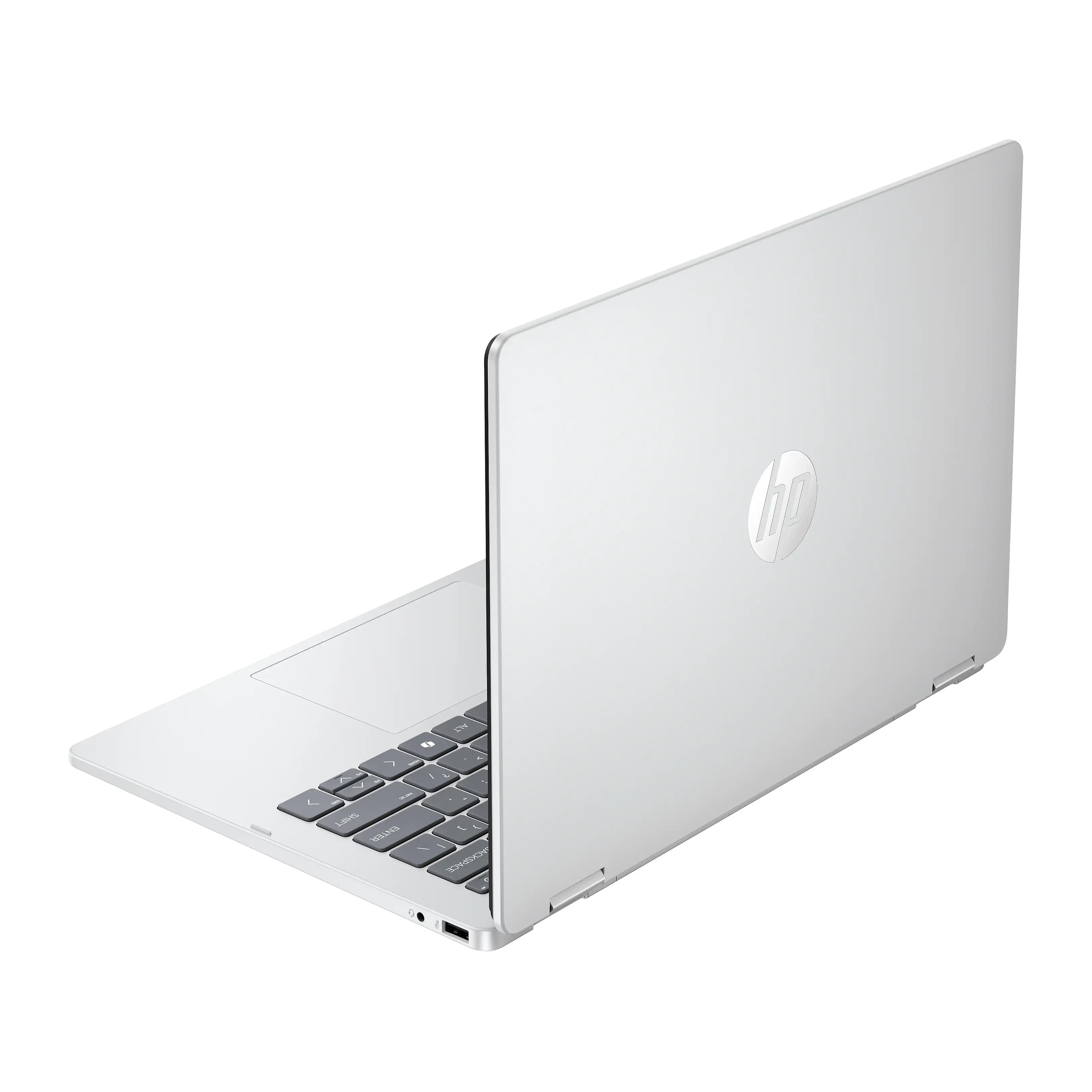 Un laptop HP argento visto di lato e da dietro, con tastiera visibile e coperchio chiuso con il logo.