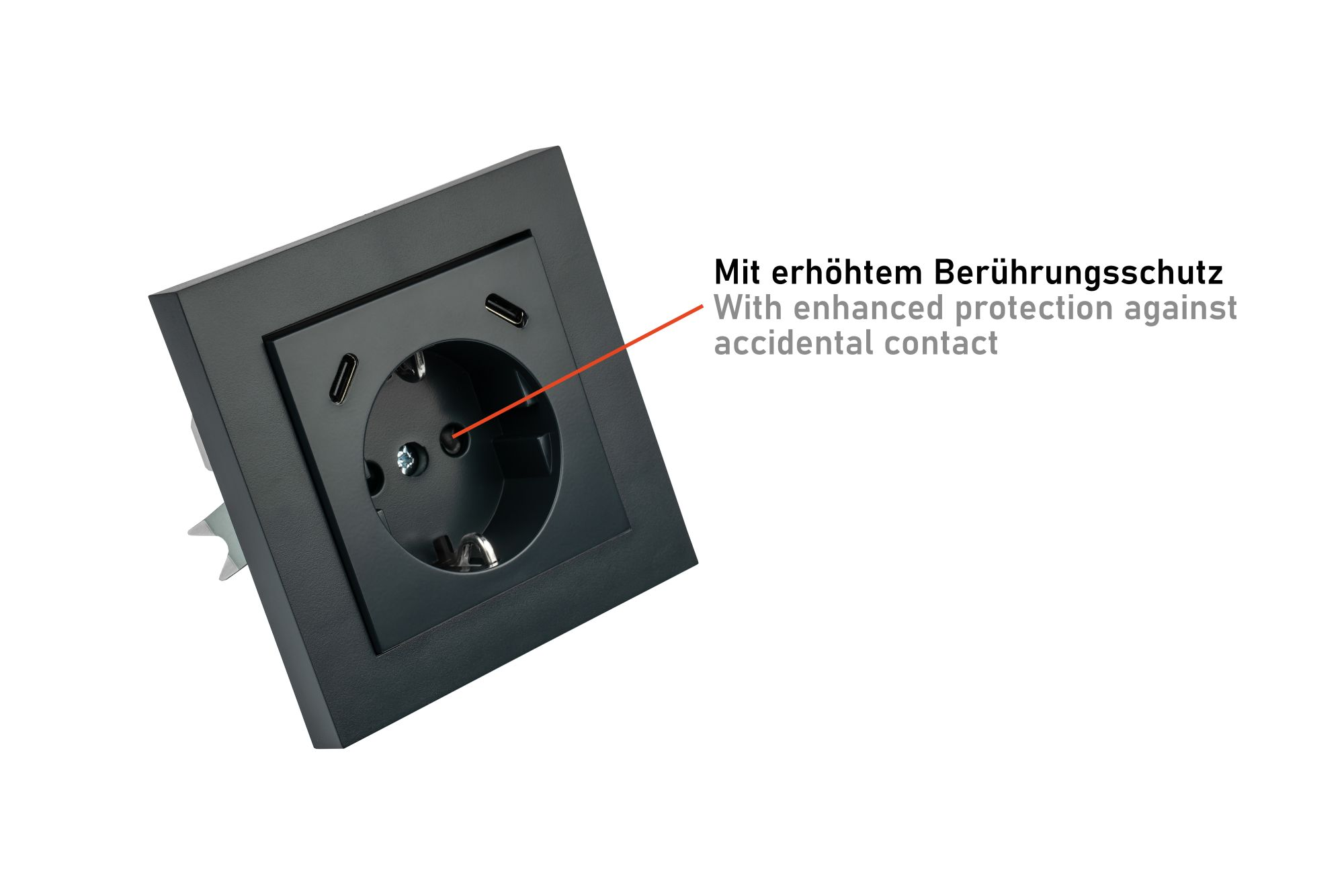 Schwarze Steckdose mit integriertem Berührungsschutz und zwei USB-Anschlüssen.
